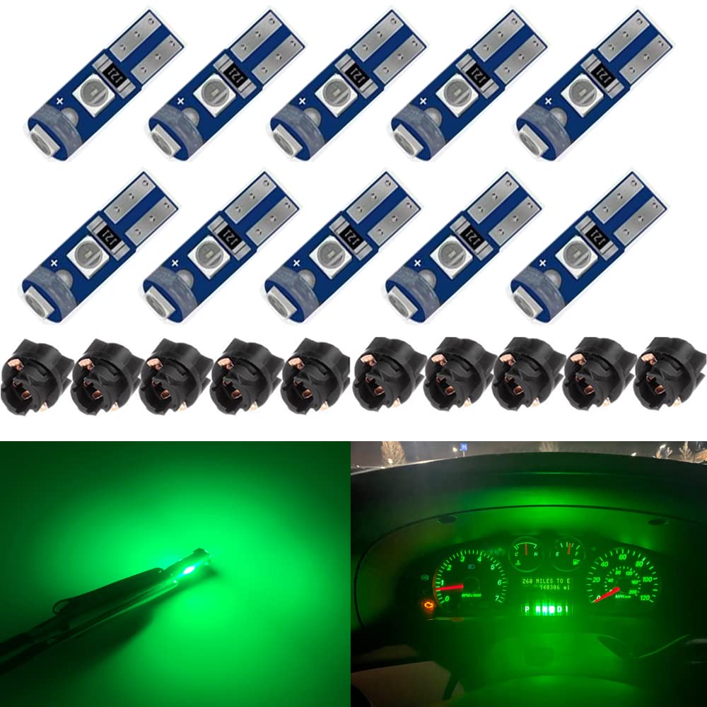 Blyilyb 10-Pack Green T5 2721 37 74 Wedge Led Bulb Pc74 Twist Sockets Replacement Dash Dashboard Lights Instrument Panel Cluster Leds Lamps