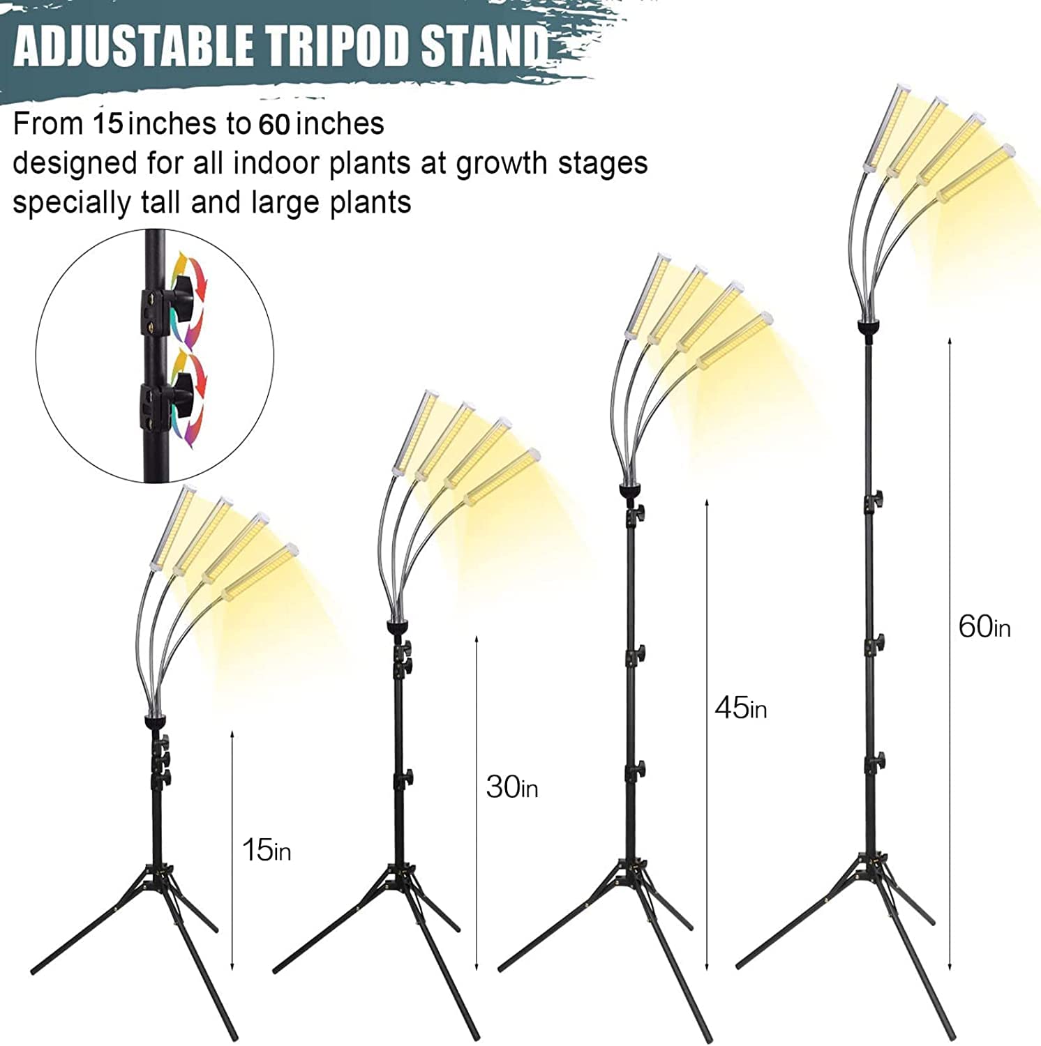 ANDOHAI LED Grow Lights for Indoor Plants, Full Spectrum, 420 LEDs, 4 Heads, Adjustable Tripod, GL-1 Model