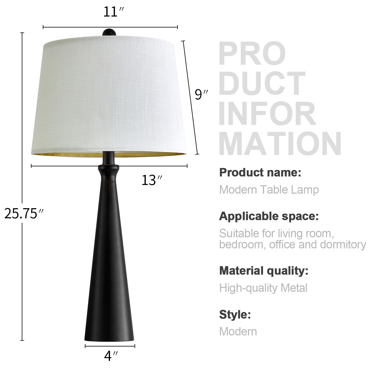 Oneach Table Lamps Set of 2, 25.75" Modern Black Bedside Lamps, 3-Way Dimmable Touch Control, Vintage Accent Style