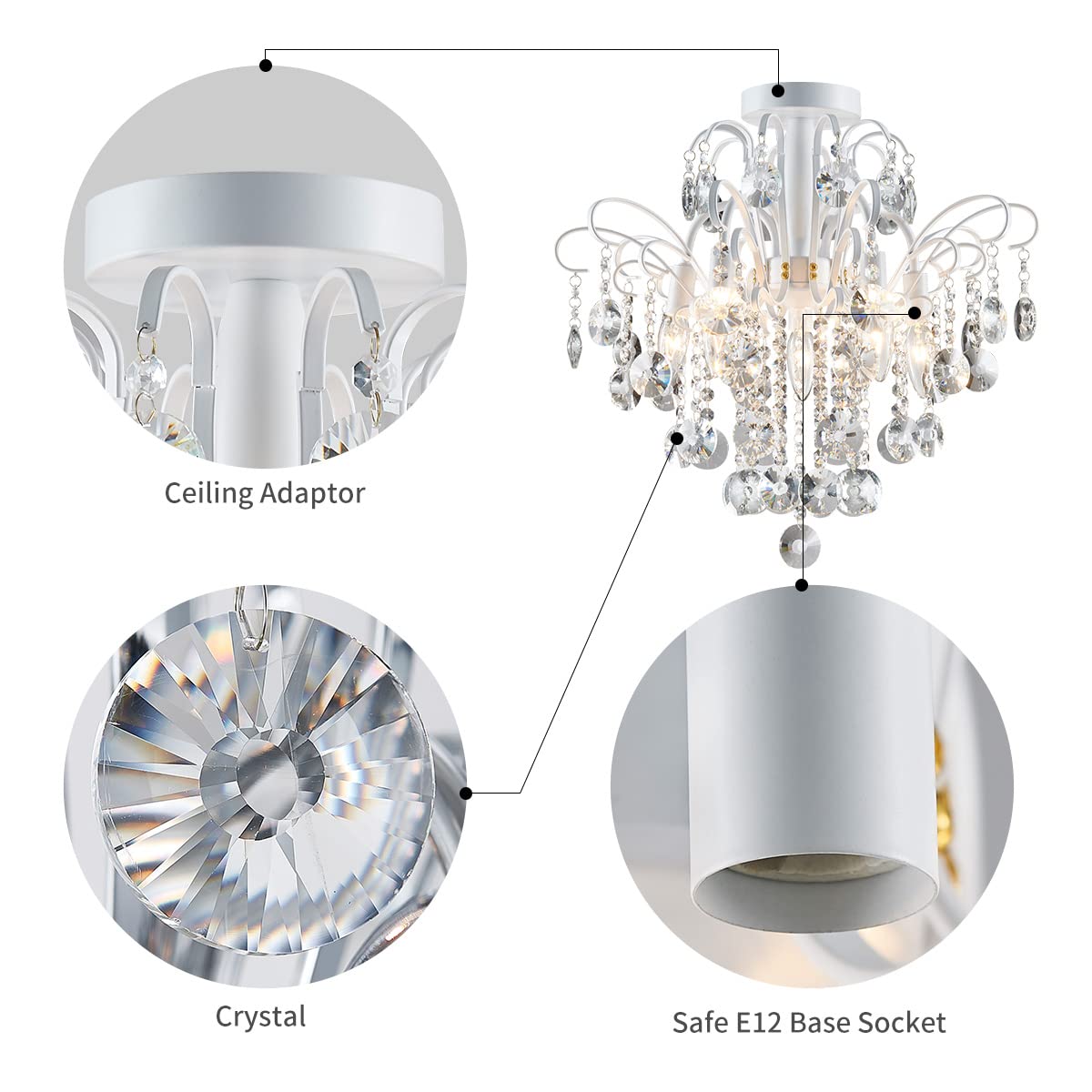 WUZUPS Crystal Chandelier Flushmount Ceiling Light, 17.5" H x 19.3" W, White Glass Fixture for Bedroom, Hallway, Bar, Kitchen, Bathroom - Model