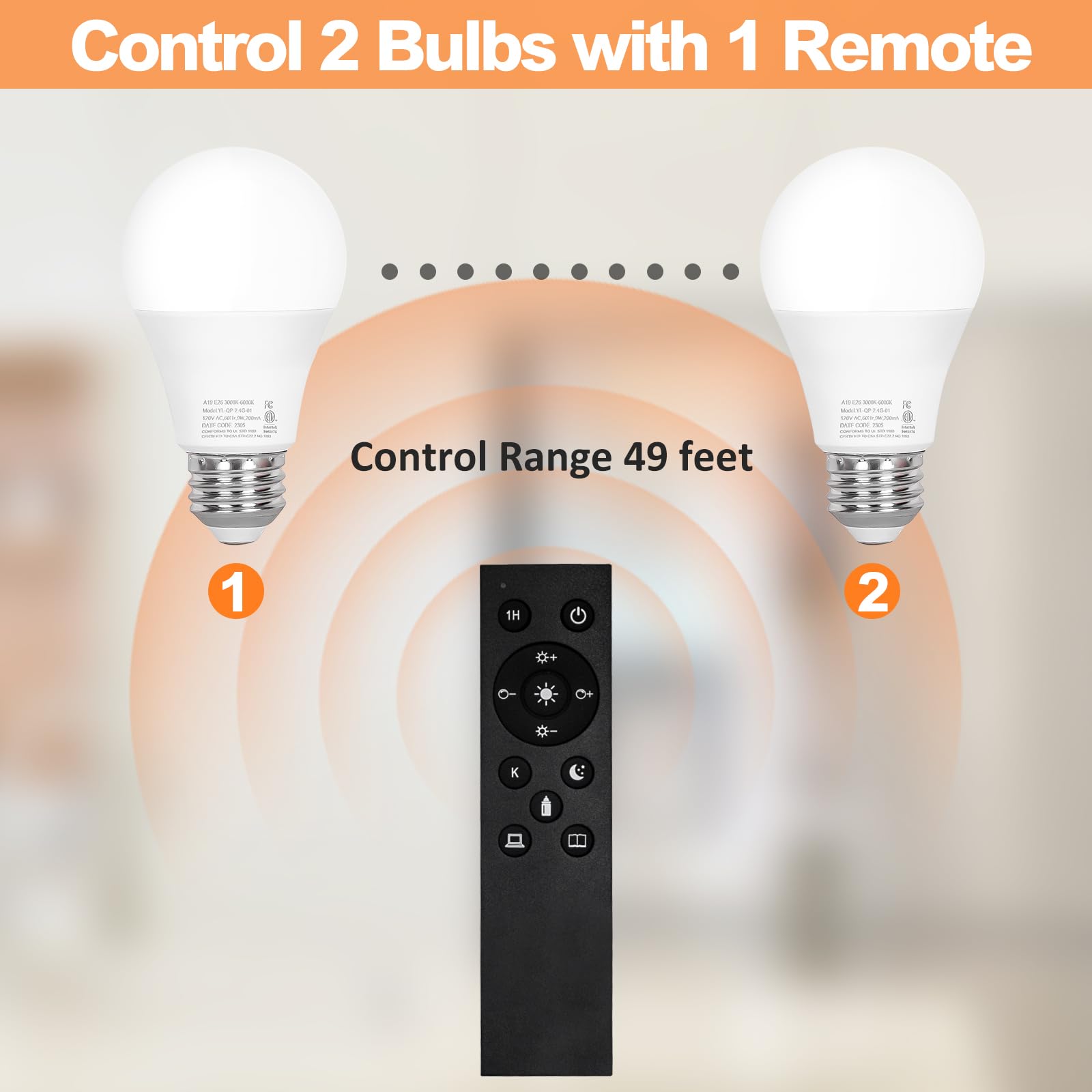 Brilvibera A19 LED Bulbs (2-Pack) with Remote Control, 9W, Dimmable 2700K-6000K, E26 Base, White,