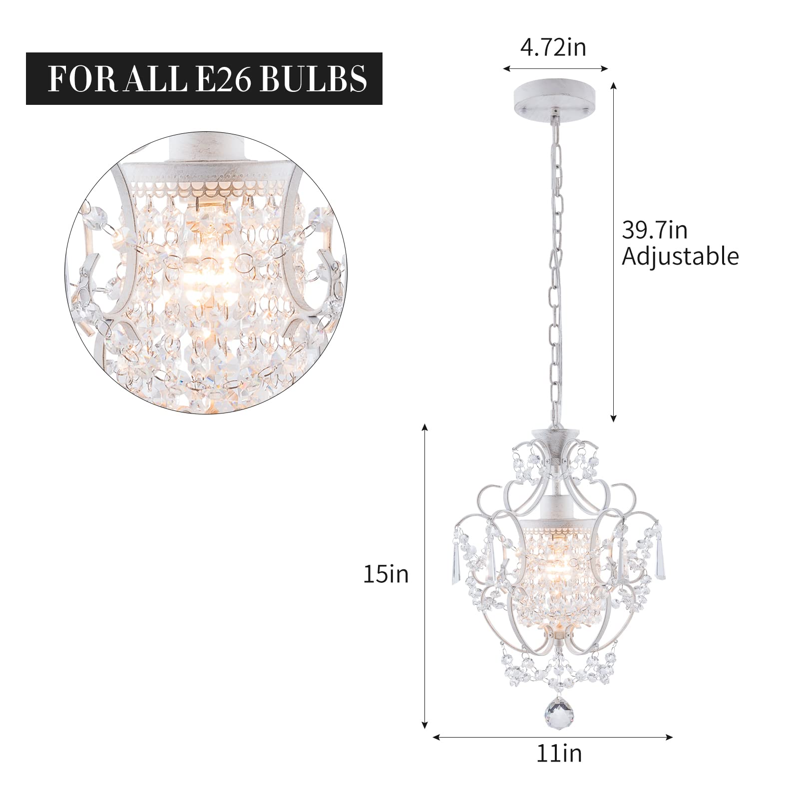 FLSFU Mini Chandelier - White Retro Crystal Light Fixture, Elegant 1-Light Ceiling Mount for Bedroom, Dining Room, Kitchen Island