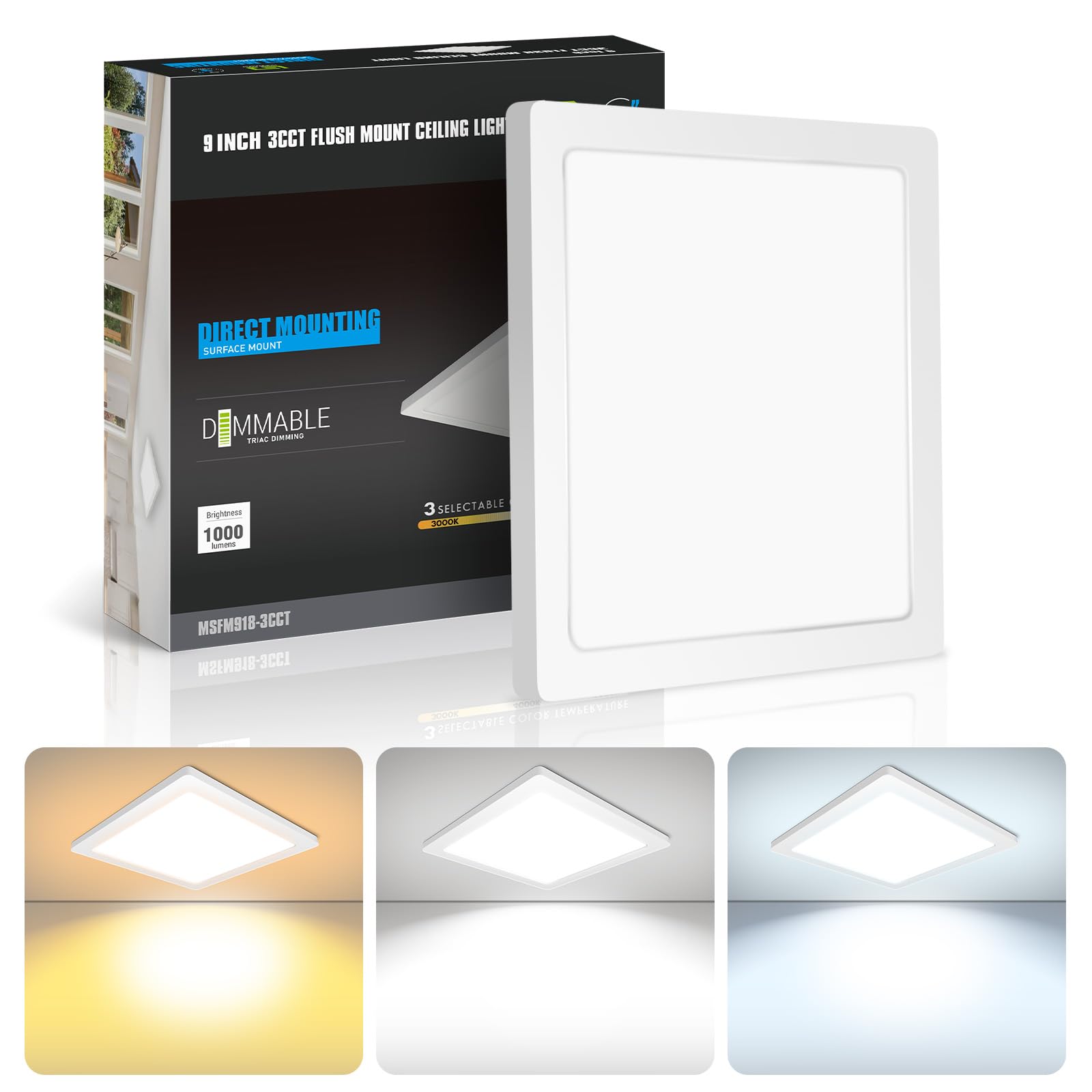 Mw 9 Inch Square Led Flush Mount Ceiling Light, Slim Led Ceiling Lights, Dimmable 18W, 120V, 3000K/4000K/5000K Adjustable, Low P