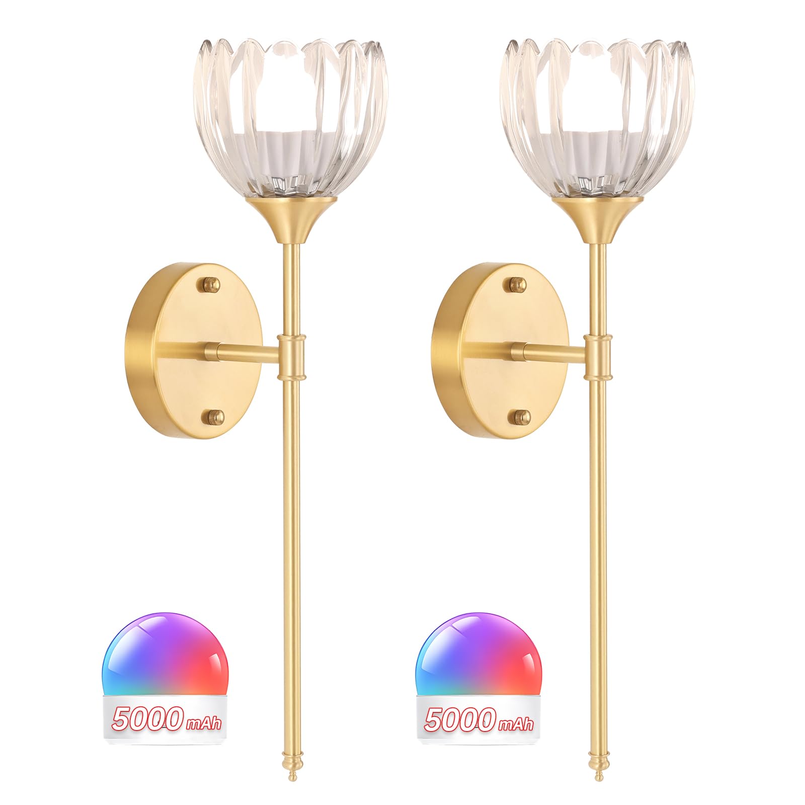 Shenmoyl Battery Operated Wall Sconce Set of 2, Clear Tulip Glass Light Fixture, Rechargeable 5000mAh, Remote Control, Sceptre Brass