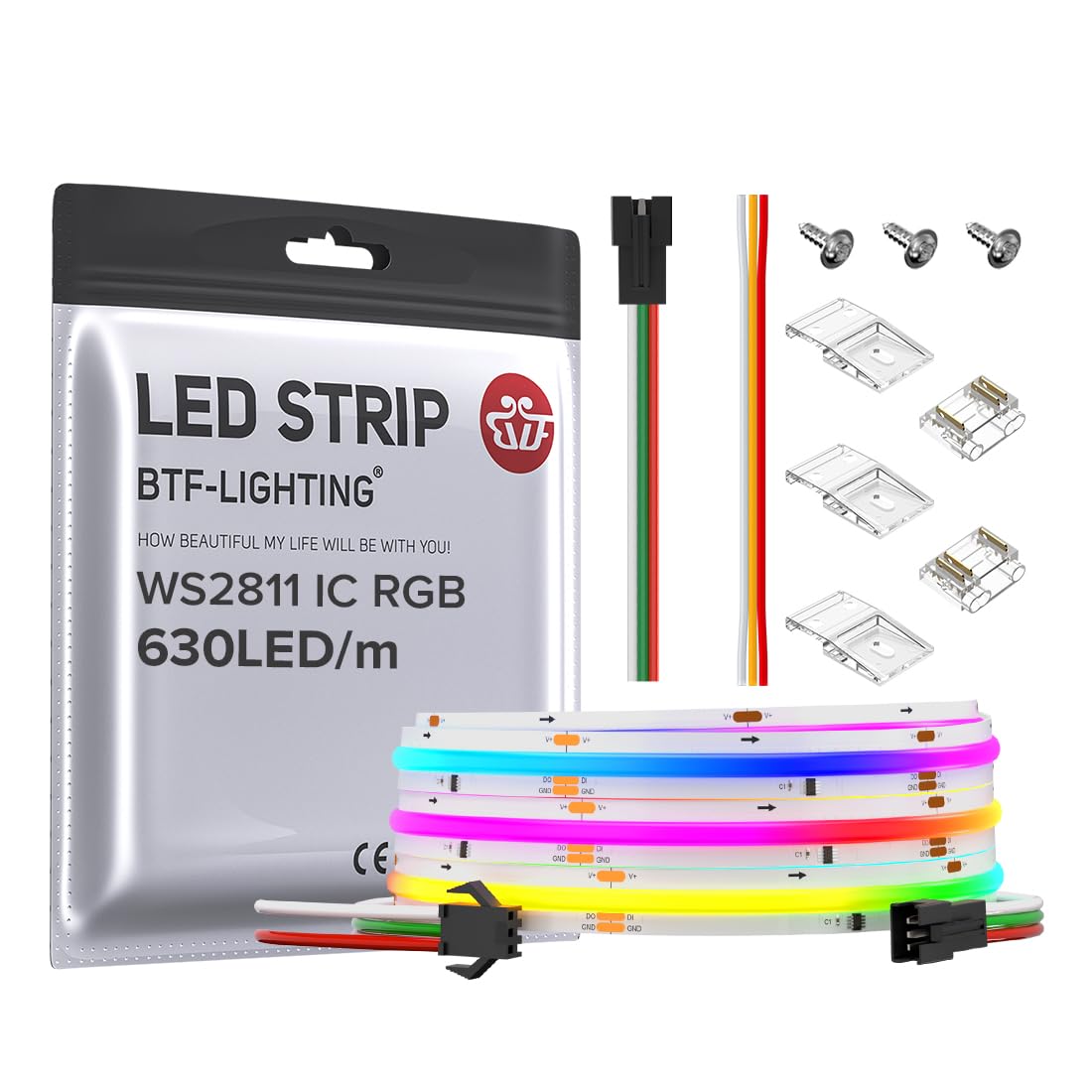 BTF-LIGHTING FCOB WS2811 RGB COB LED Strip 9.8FT 630LED/m DC24V White PCB High Density Dream Color