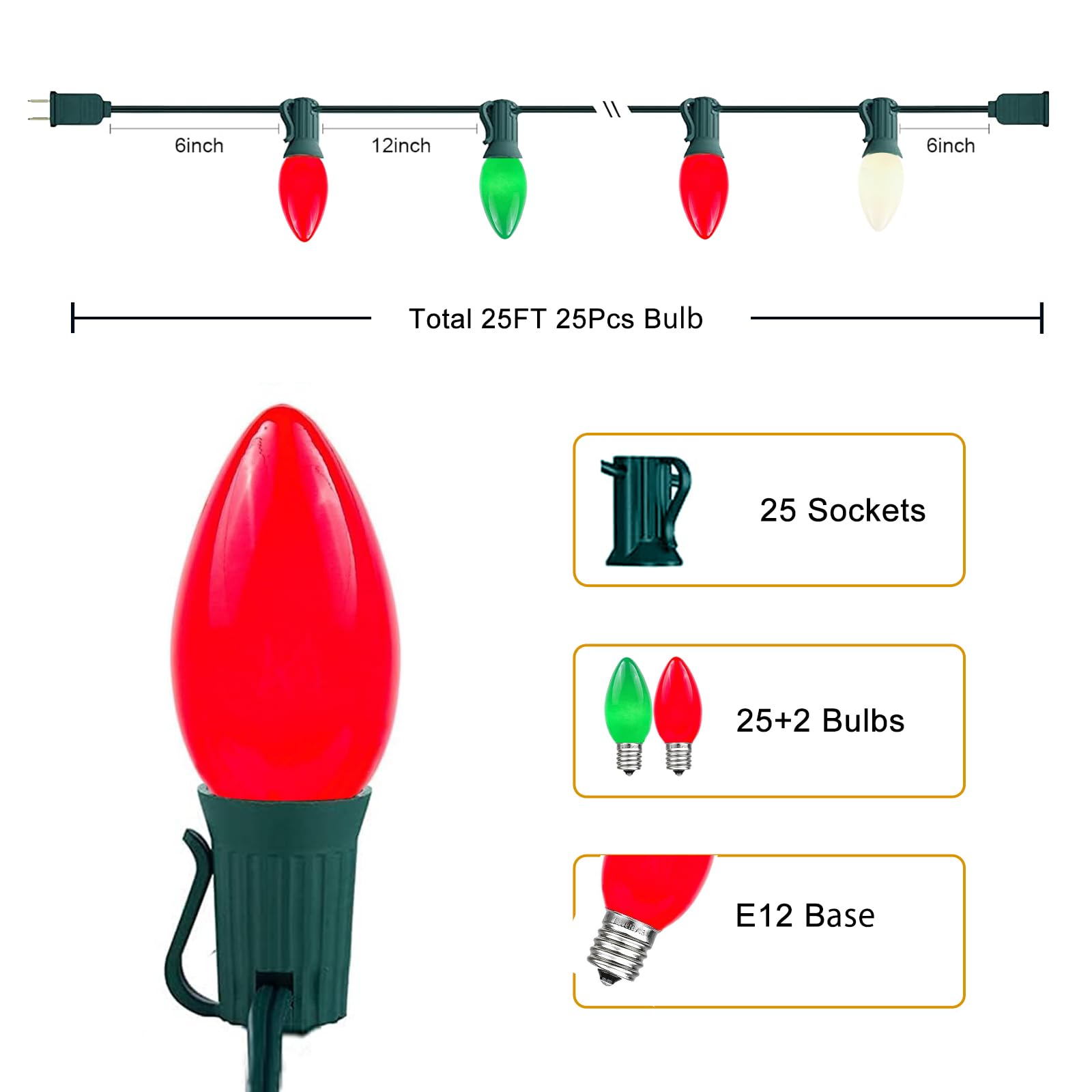 Chyparty 25Ft C7 Christmas Lights Outdoor  Red Green White 3-Color Led String Lights For Roof  Fence  Tree  Wedding  Party  Patio  Bright Holiday Decor