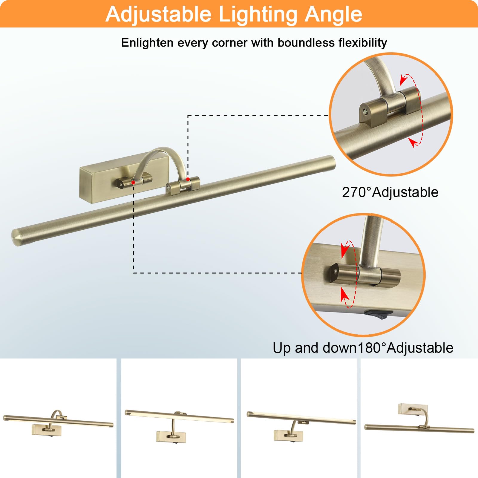 Tassuowell Antique Bronze Picture Light, 23.6 Inch, Remote Control, Dimmable, Rechargeable, Model 7115