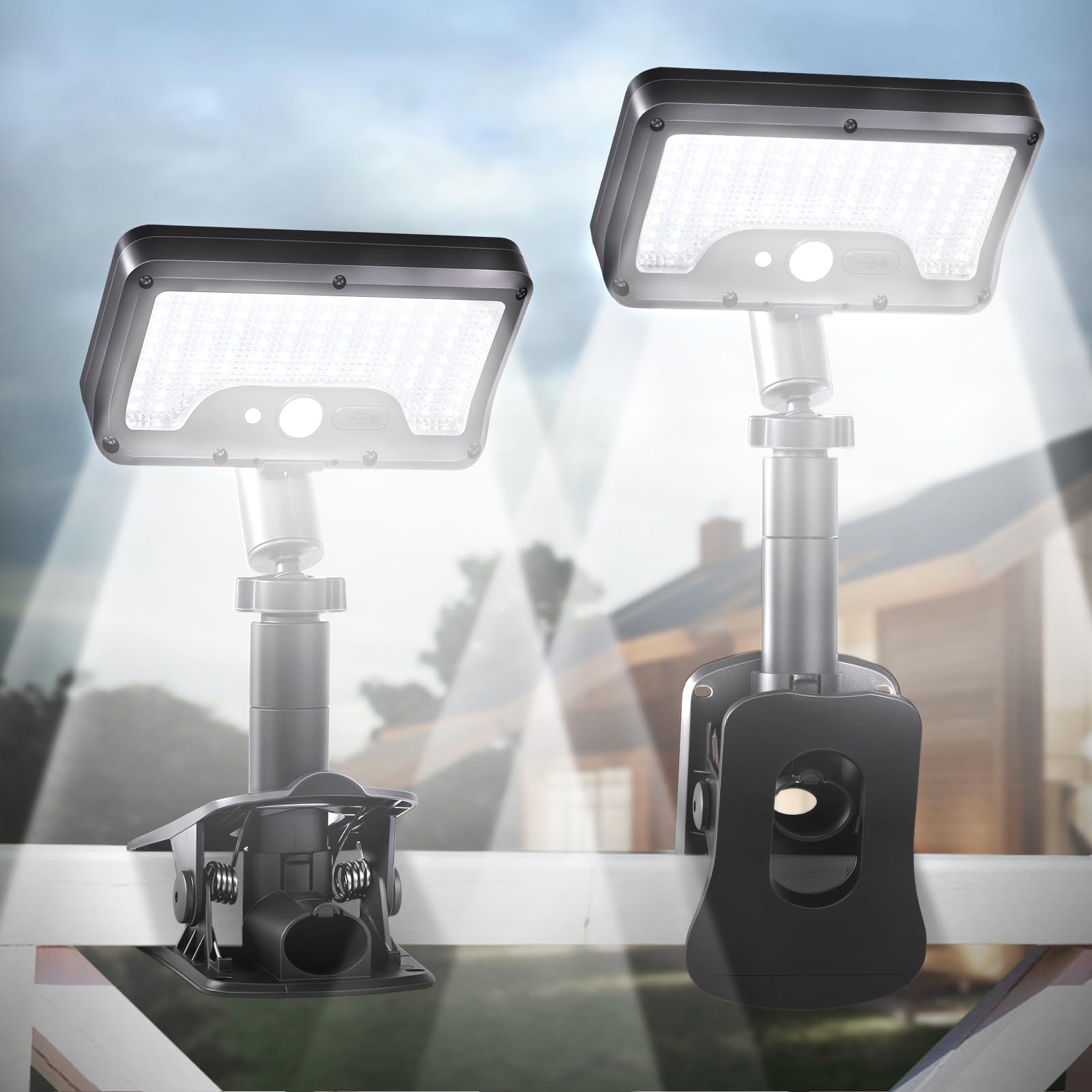 Clip On Solar Lights Outdoor with Motion Sensor  360Rotatable & Vertically Adjustable Solar Fence Lights with 92 LEDs (600 LM  6000 K) IP65 waterproof Security light for deck  Gutter  Camping(2 Pack)