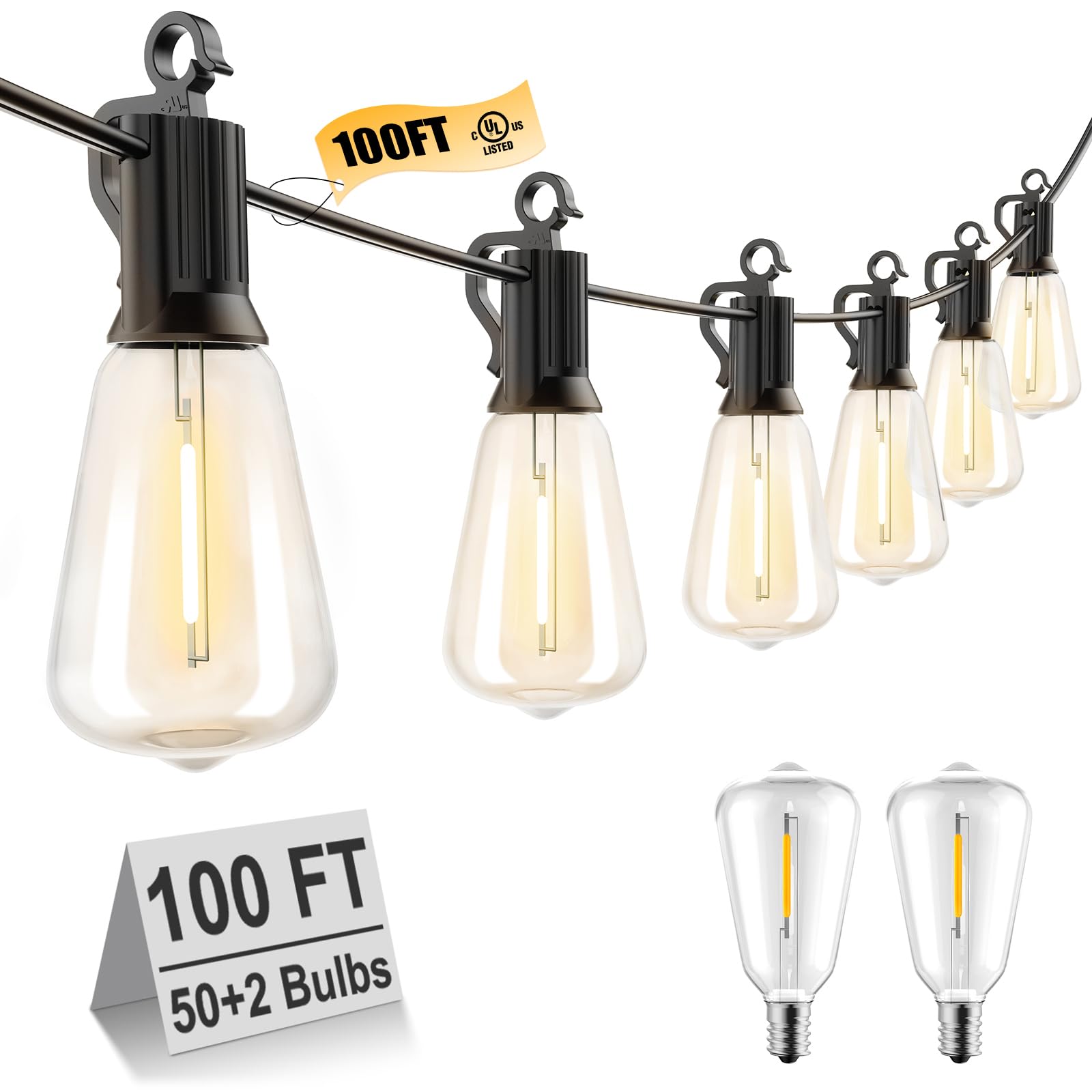Brightown Outdoor String Lights Led 100Ft Patio Lights With 52 Shatterproof St38 Dimmable Vintage Edison Bulbs, Waterproof Outsi
