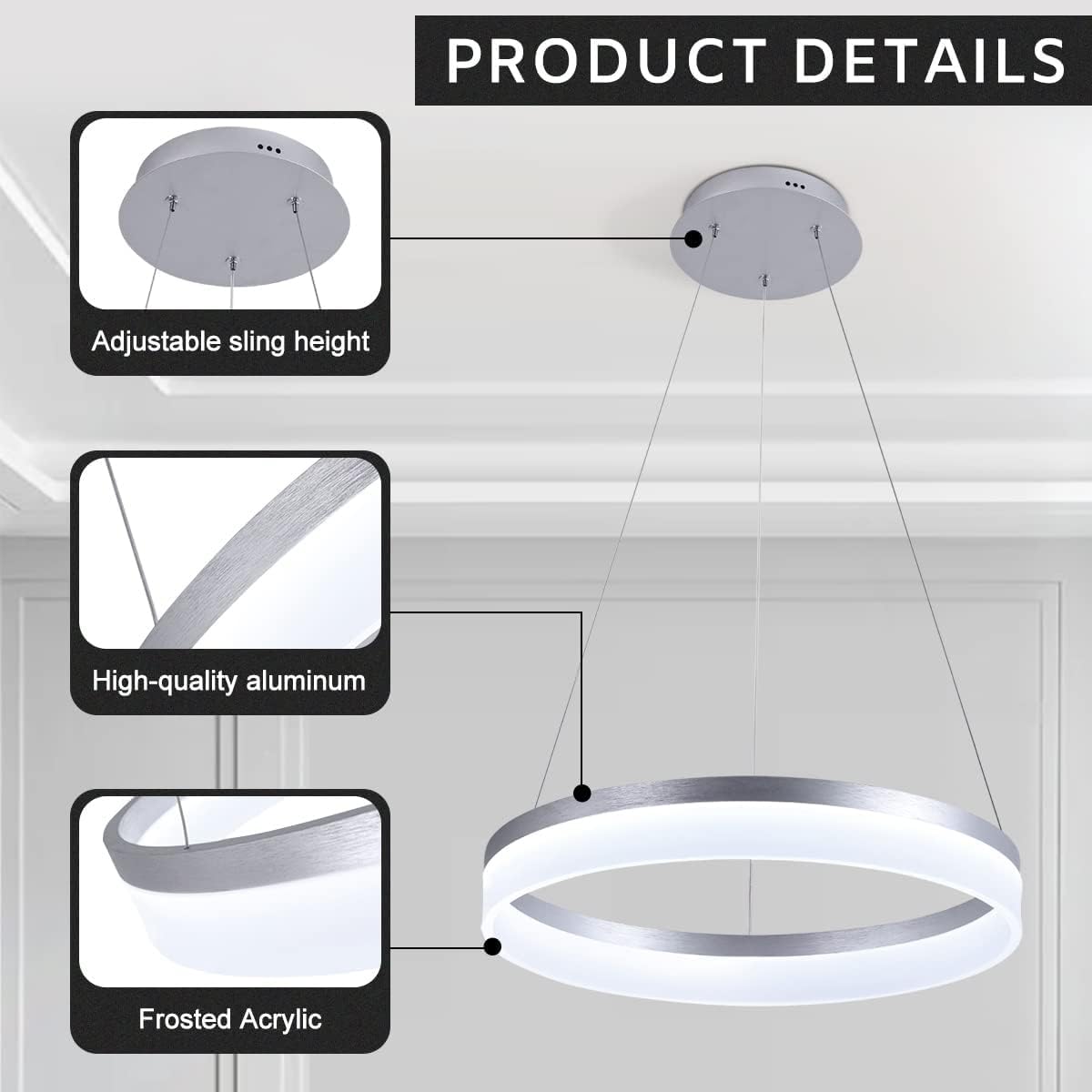 Buccleuch Modern LED Pendant Light - Dimmable Chandelier, 19.7" Silver Round, Adjustable Height for Dining Room and Kitchen Island