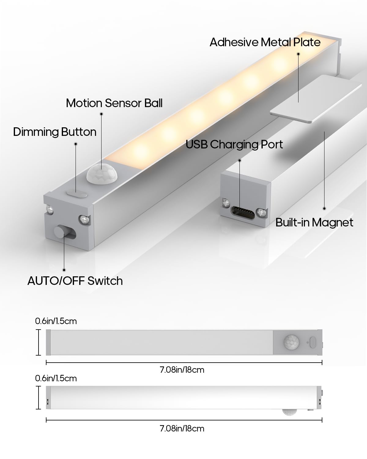 GOODEA LED Under Cabinet Lights - Wireless, Rechargeable, Motion Sensor, Dimmable, 3 Packs, Warm White, Model GDCL010-3PCS