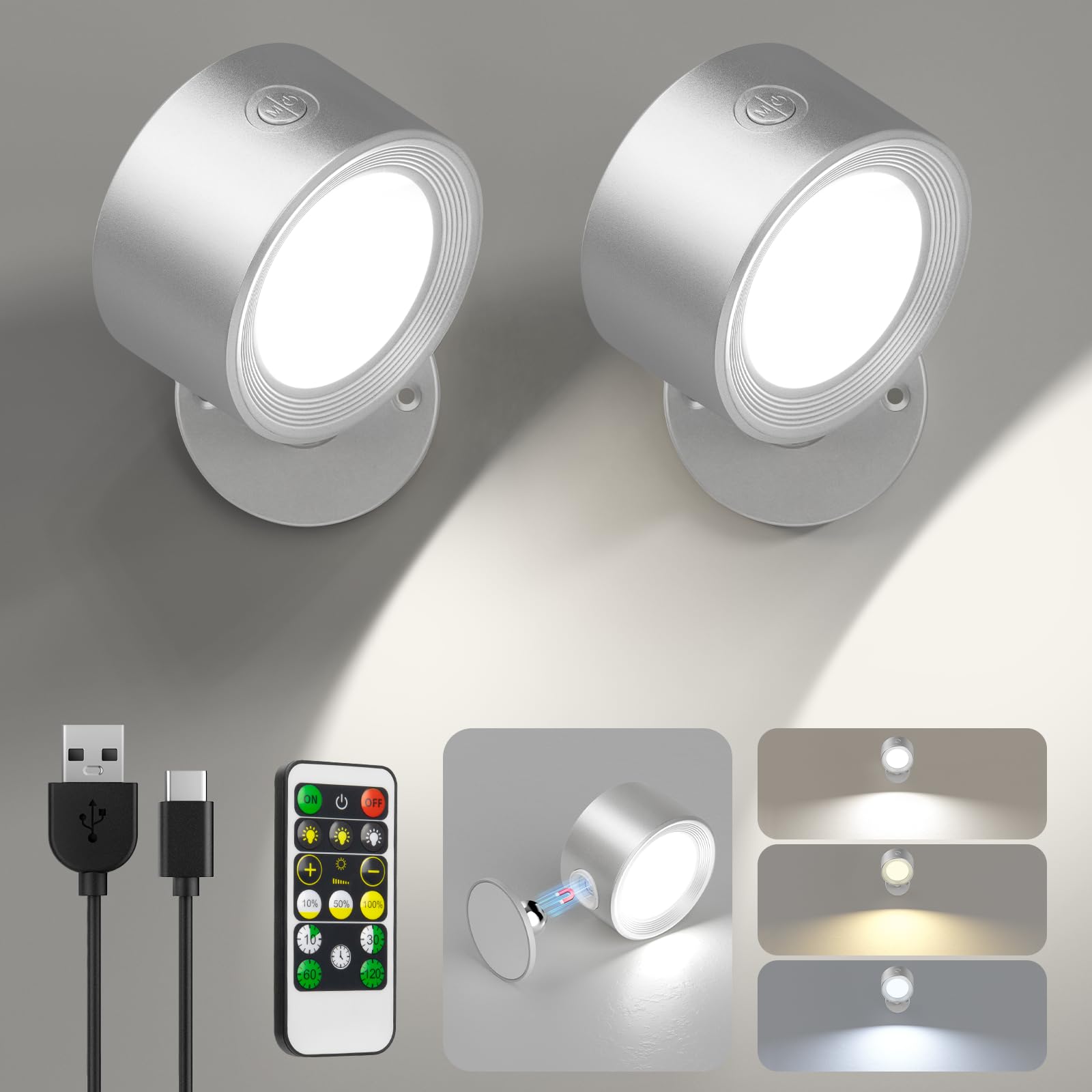 Lightbiz LED Wall Reading Lights, 2 Pcs, Rechargeable, Dimmable, 3 Color Temperatures, Silver, Model X120