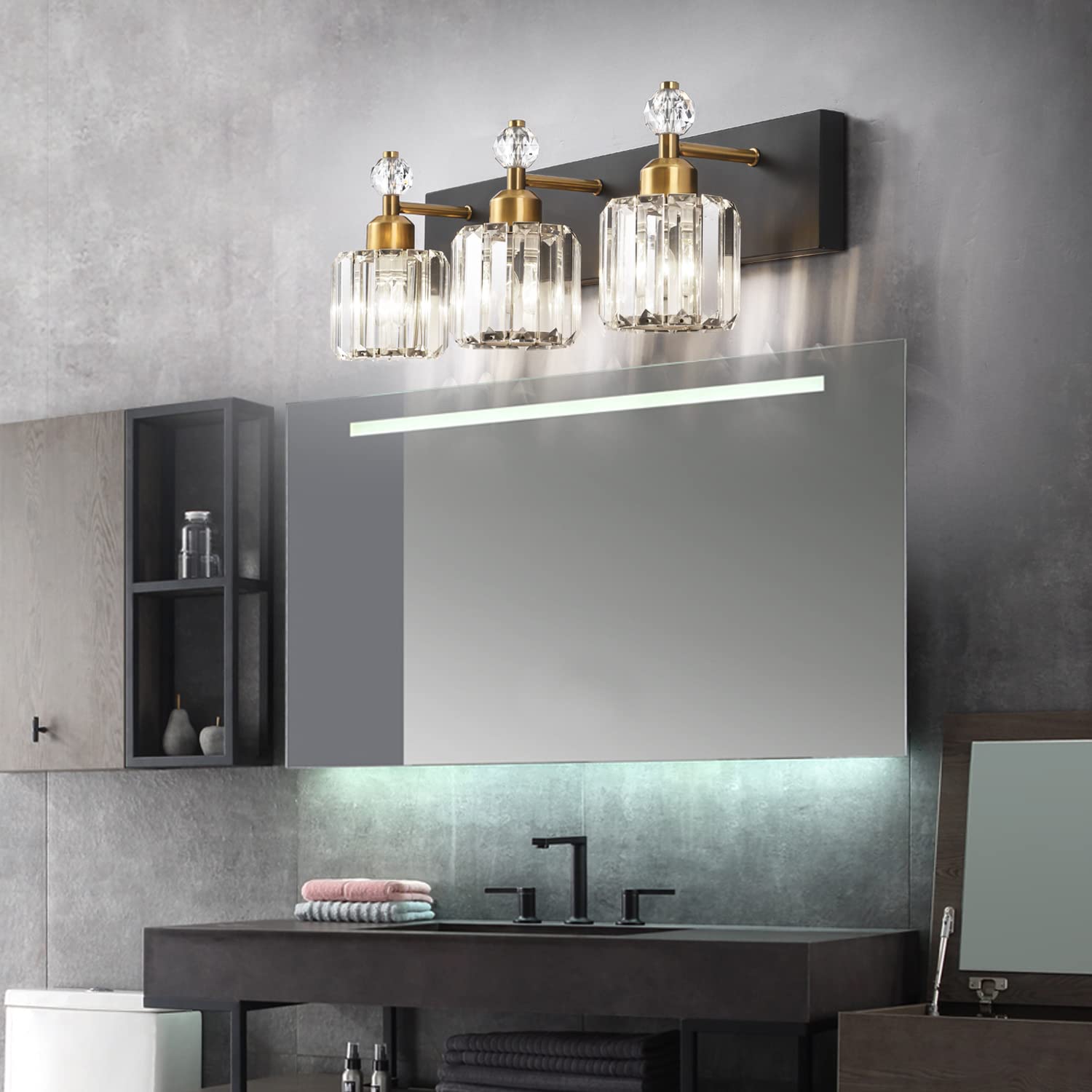 PRESDE 3-Light Bathroom Vanity Lights Fixtures, Black Gold Crystal, Modern Wall Lighting