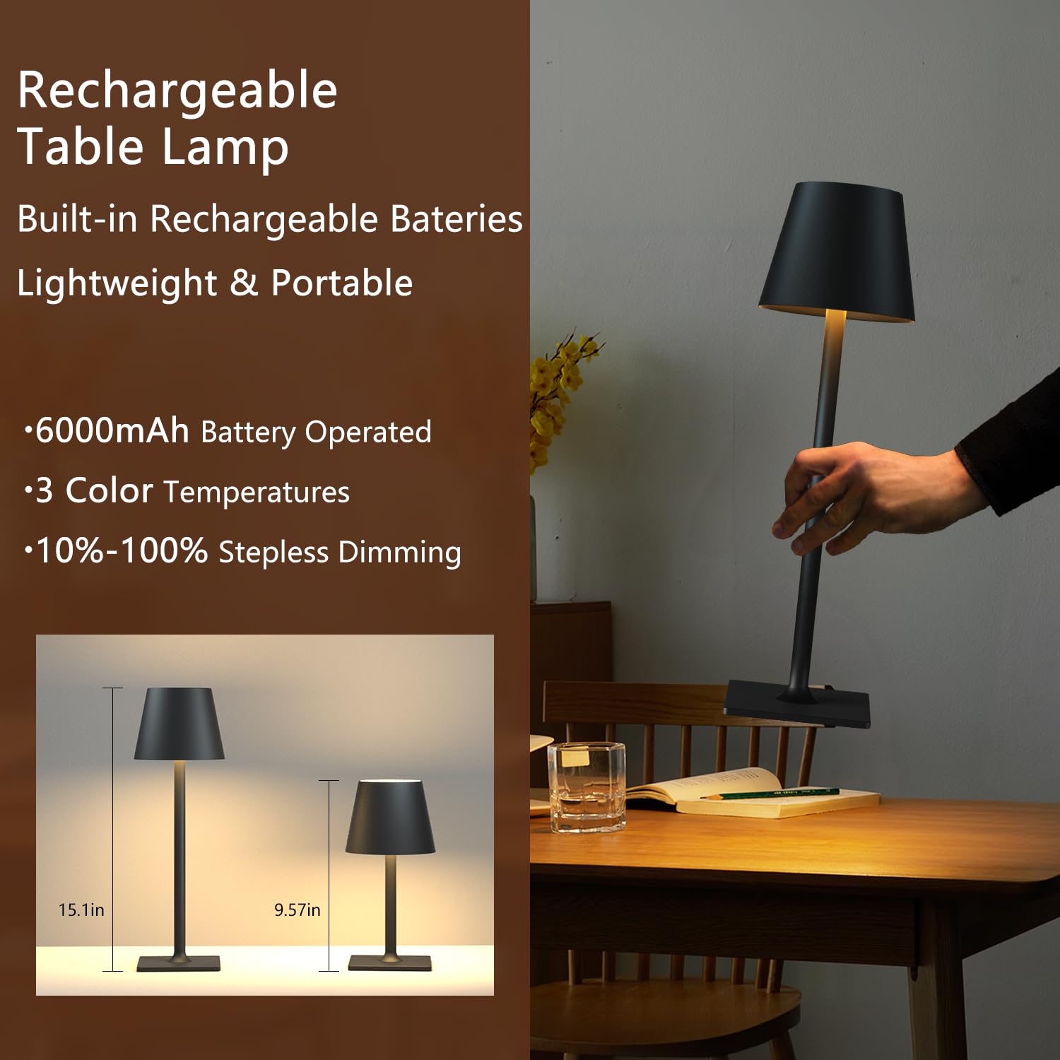 Fizrice 4 Pack Cordless Table Lamps, Portable Rechargeable Lamp, 6000Mah Battery Operated, 3 Color Dimmable Led Table Light For