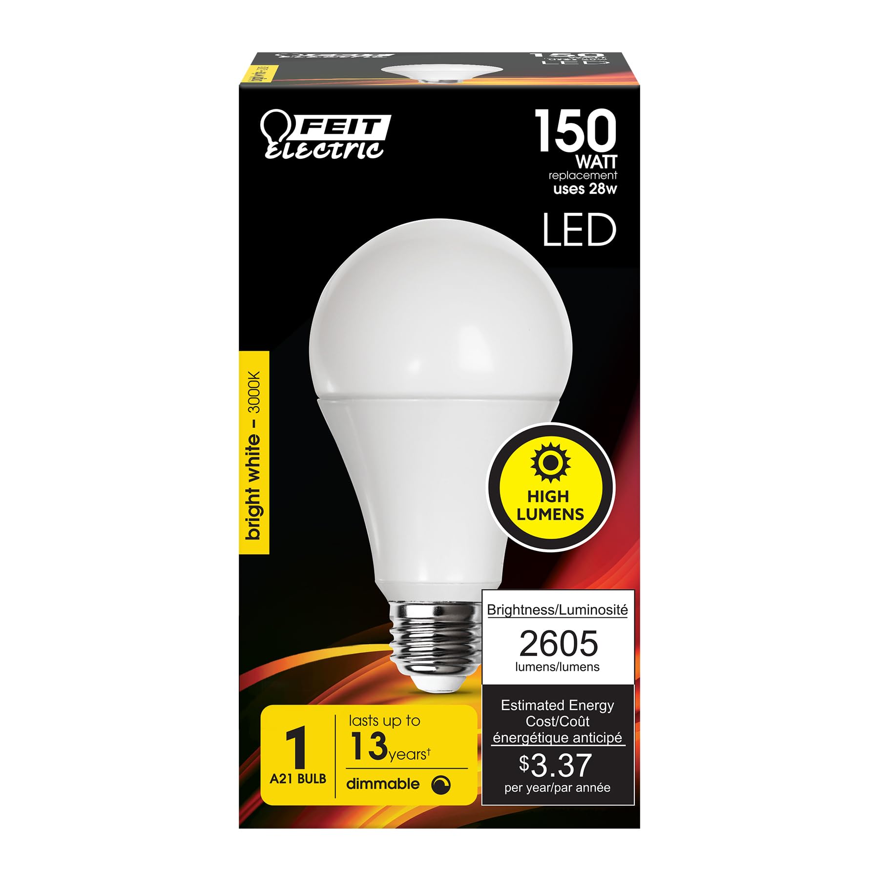 Feit Electric A21 LED Light Bulb, 150W Equivalent, Dimmable, 2605 Lumens, E26 Standard Base, 3000K Bright White, 80 CRI, High Output LED Light Bulb, Damp Rated, 15,000-Hour Lifetime, OM150DM/830/LED