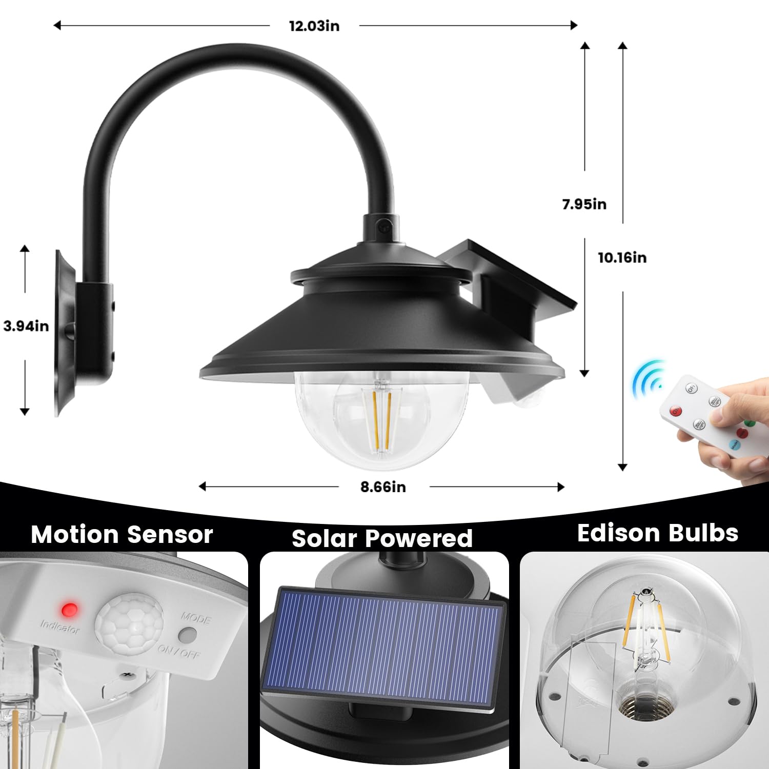 SIEDiNLAR Solar Barn Light - 3 Modes, Waterproof Gooseneck Wall Light with Remote/Motion Sensor, Black, 2 Pack for Garage, Shed, Coop