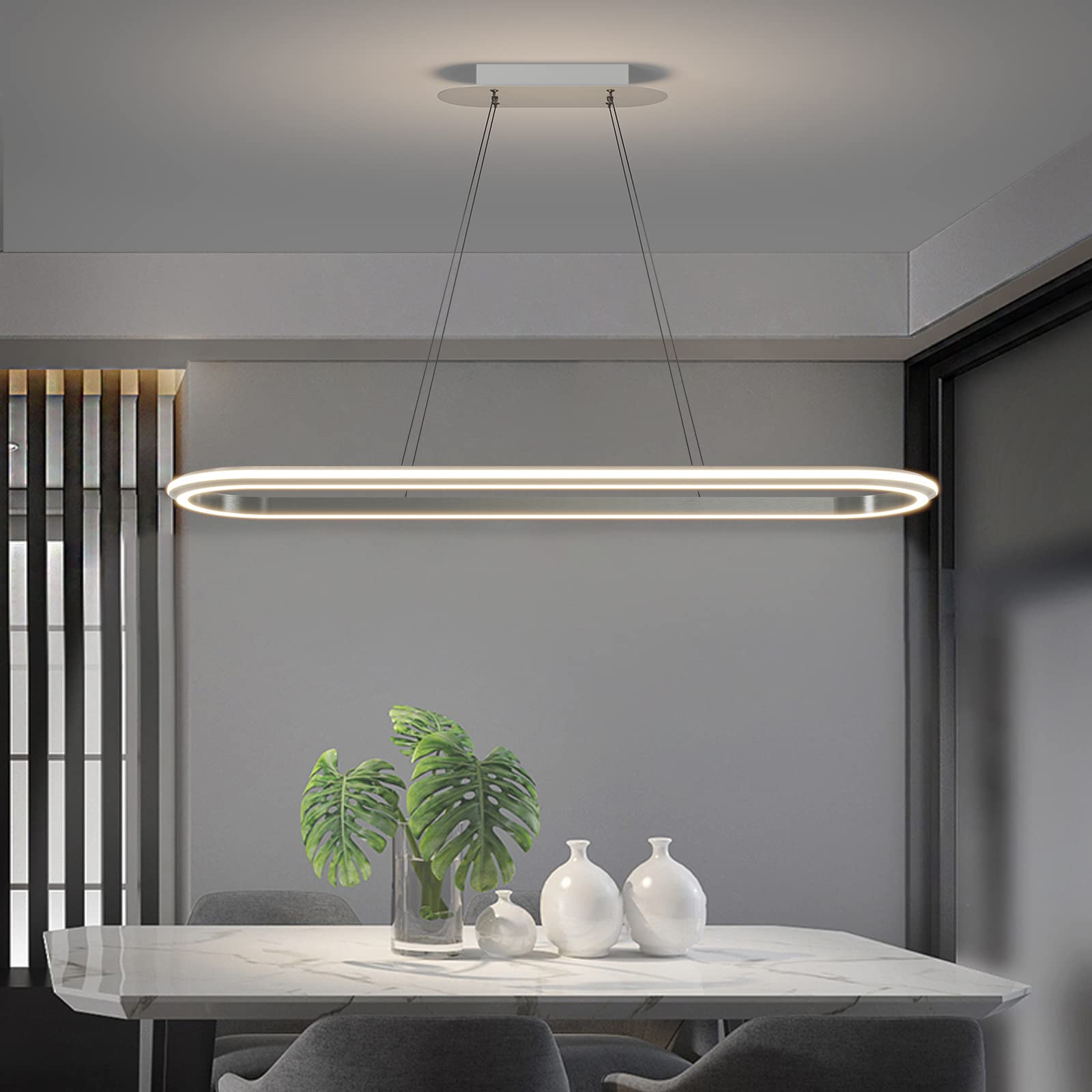 Matven Linear Pendant Light Fixture, Dimmable LED Chandelier, 3000K-6000K, 43.3in, Acrylic, Silver, Modern Design