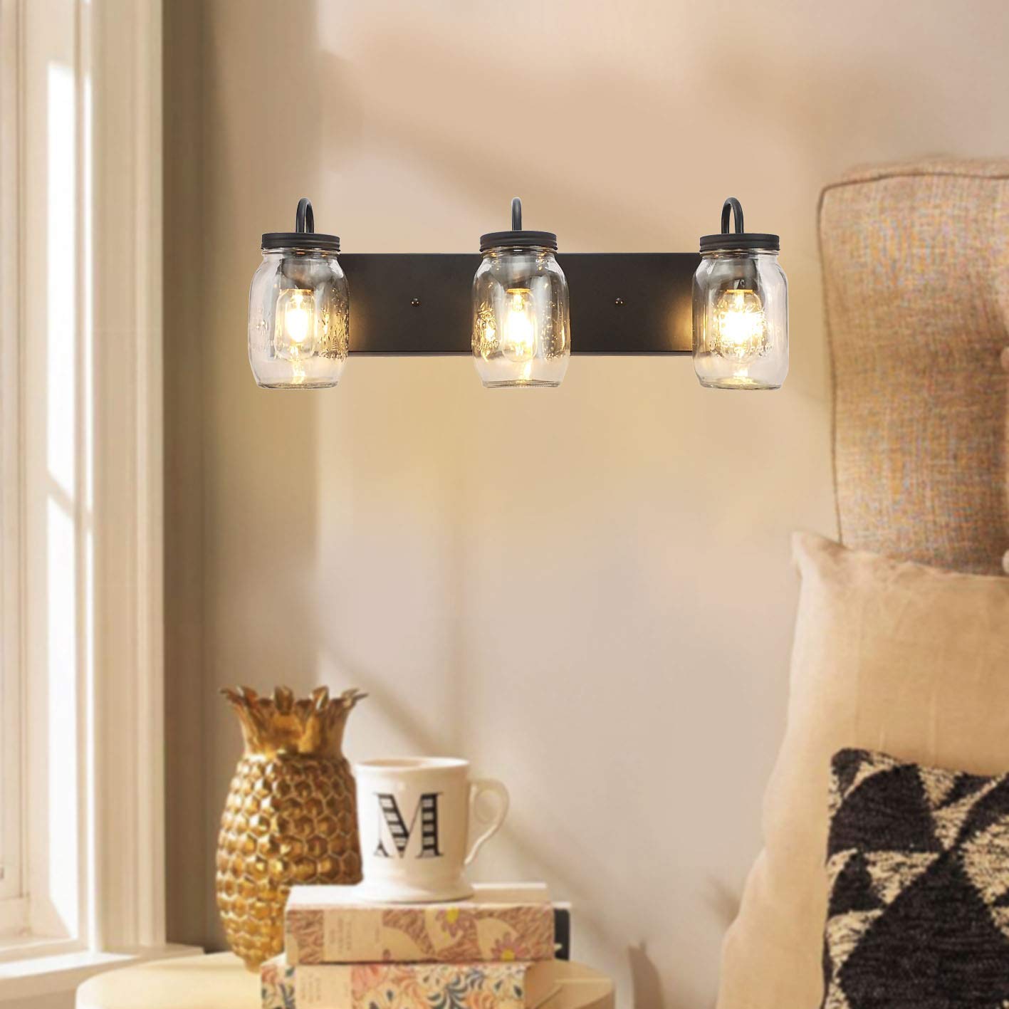 LMSOD Vanity Glass Wall Lights, Black Mason Jar Wall Sconce, Model BL-2623, Farmhouse Style