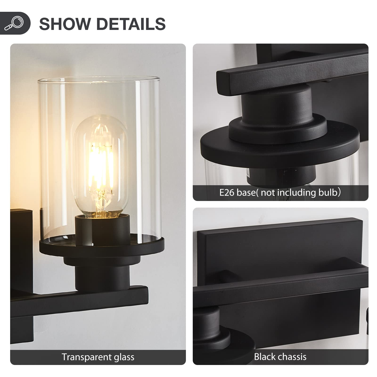 Stambord 2 Light Matte Black Bathroom Vanity Light, Metal Base with Clear Glass Shade, Wall Sconce for Bathroom and Living Room