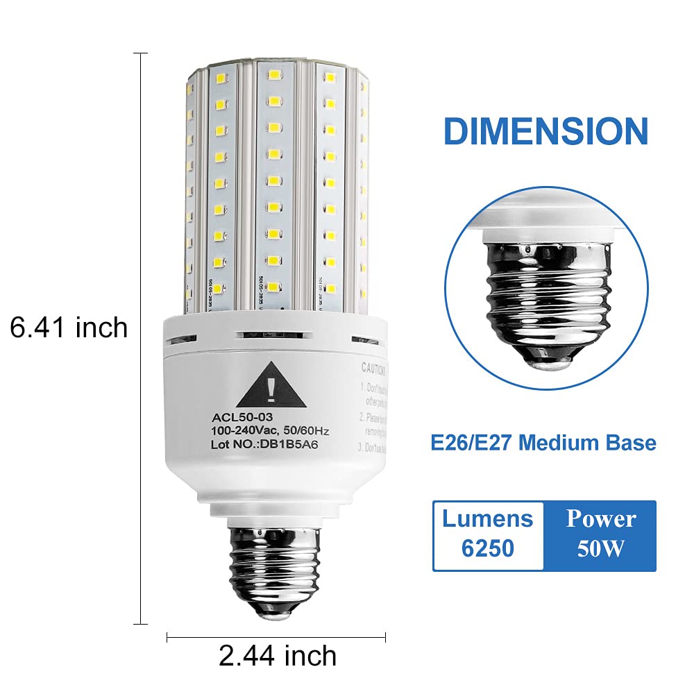 Zp 2-Pack Led Light Bulb 400W Equivalent 6250 Lumen 5000K Cool Daylight White E26/E27 Medium Base 50W Led Corn Light For Outdoor