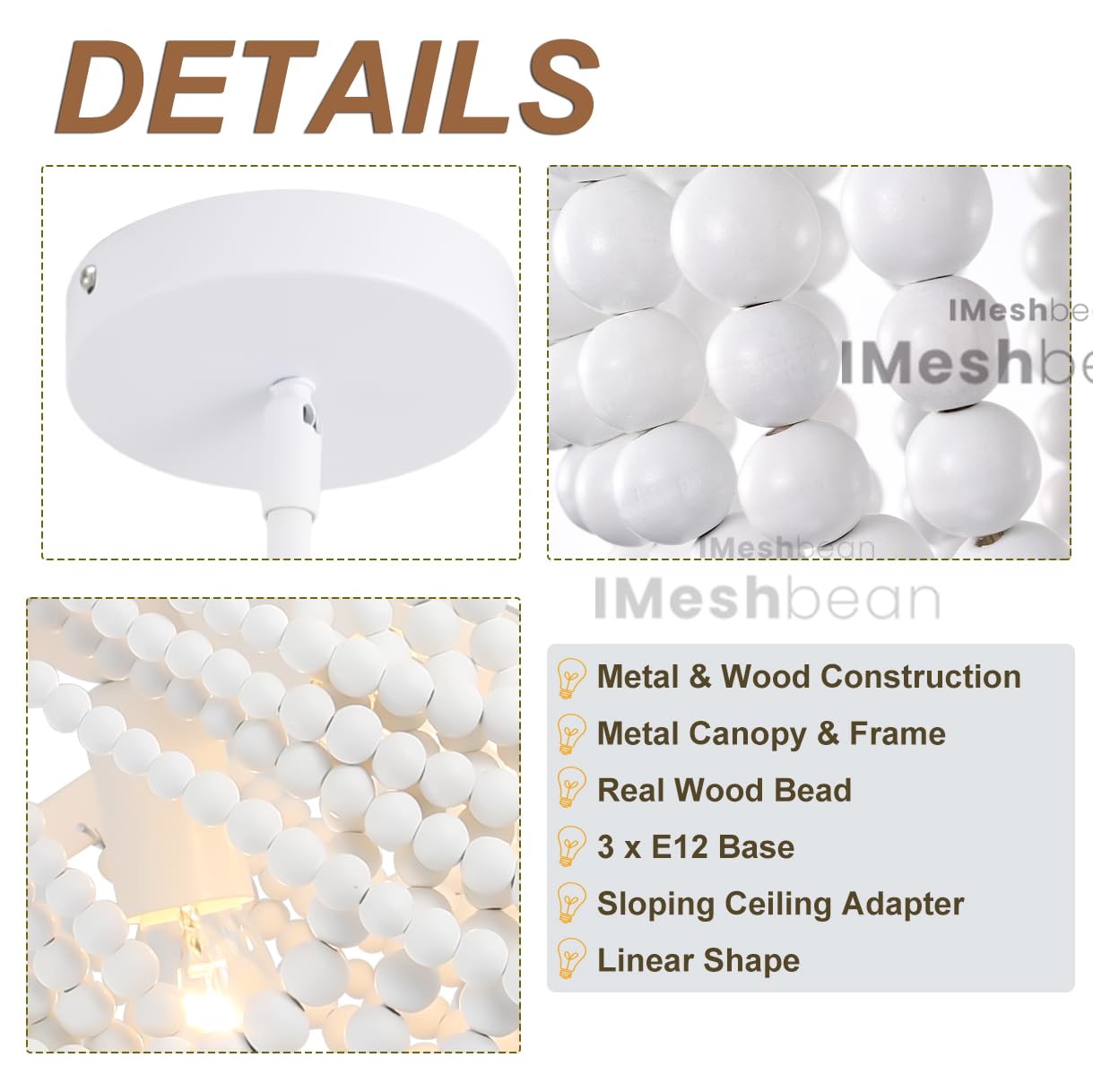 Imeshbean Wood Beaded Chandelier, 12.6In Bohemian Light Fixture For Dining Room, Bedroom, Living Room