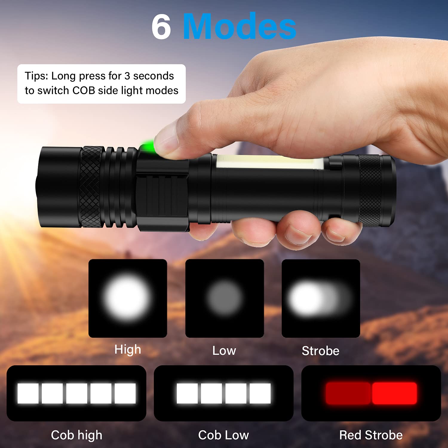 Vnina USB Rechargeable Flashlight, LED Tactical Light, Waterproof, 6 Modes, 4.96in, Red, Model VNA-US-USB-001C