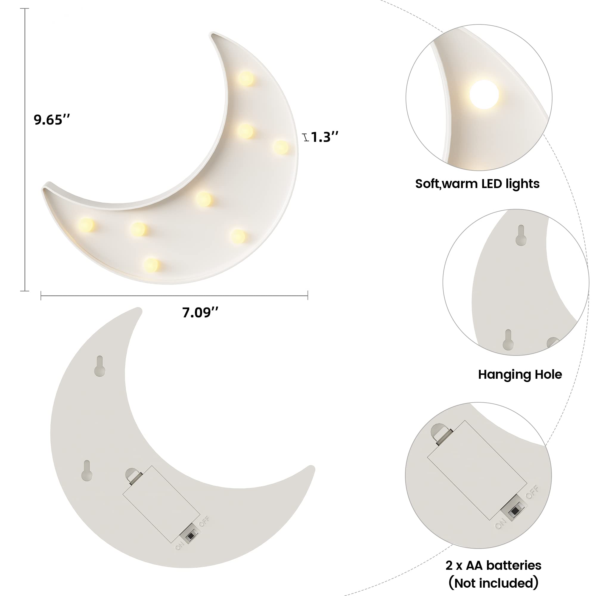 Ganrami White Moon Decor Bedroom, Battery Powered Moon Night Light For Kids, Kids Room Decor, Baby Room Decor, Nursery Wall Deco