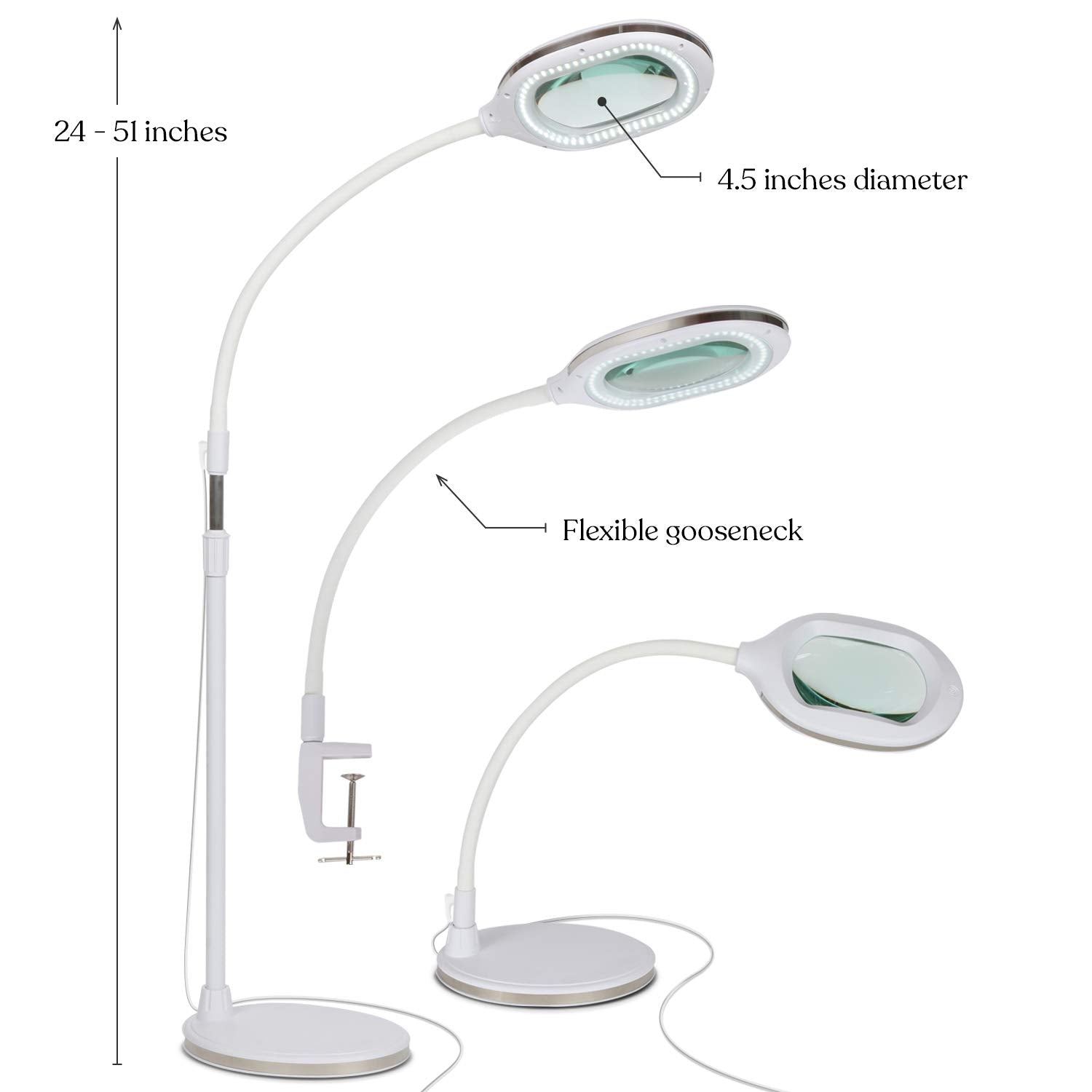 Brightech LightView Pro 3-in-1 LED Magnifying Desk Lamp, White, Glass, Model BT-FL-LGHTVW-3IN1-WHT, Ideal for Hobbies &