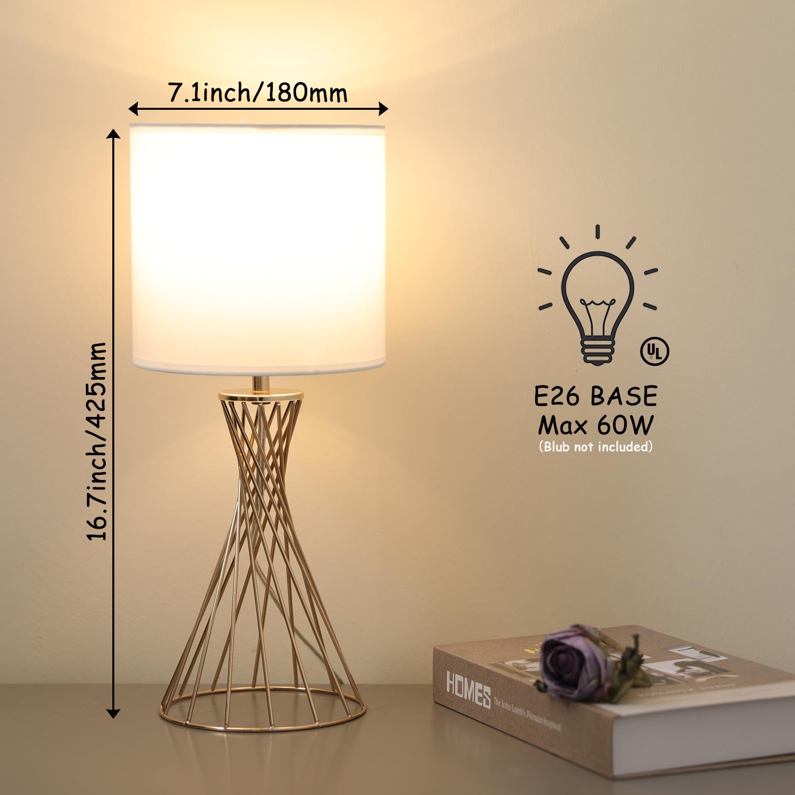 Popity Home Gold Table Lamp, Nightstand Lamp, Small Cute Desk Lamp, Modern Bedside Lamp With White Fabric Shade, Metal Geometric