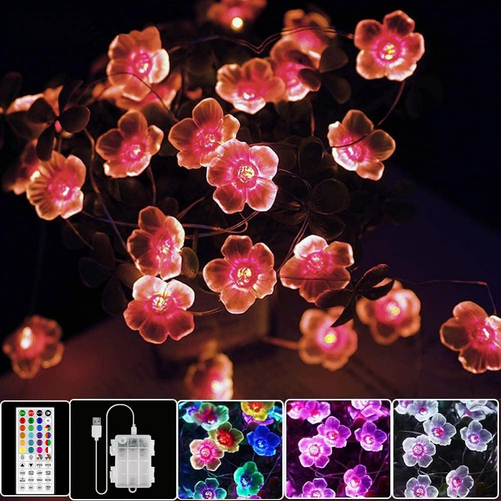 OMIKA Multicolor Flower Lights Cherry Blossom String Lights Battery Operated & USB Powered, 13ft 40LED Fairy Lights with Remote Timer Decorative Lights for Nursery Girls Bedroom Dorm Wedding Décor