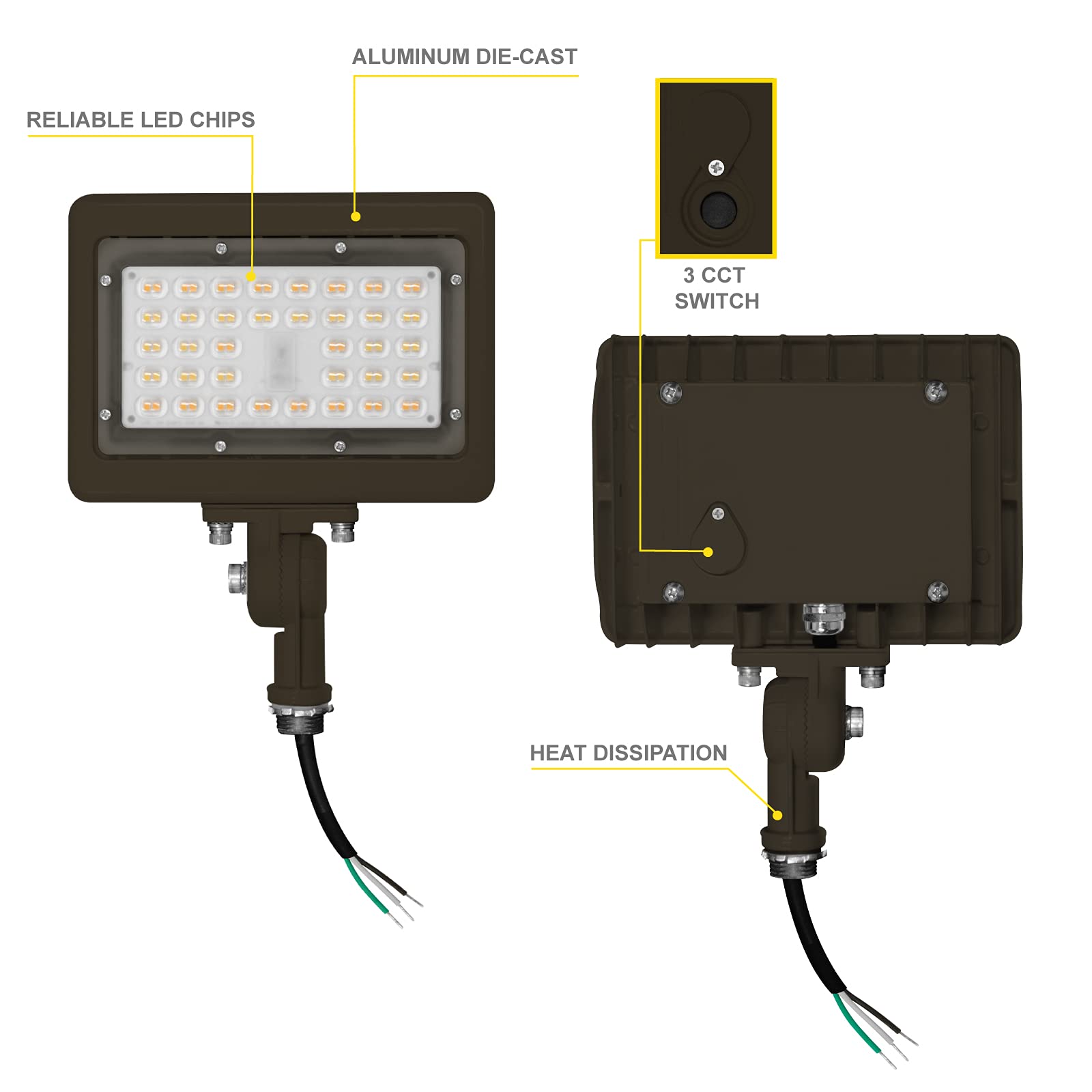 Nuwatt 15W Led Flood Light, 3Cct 3000K/4000K/5000K Selectable, Ip65 Waterproof Lighting, 1/2" Adjustable Knuckle Mount, 2100 Lumens, 120-277V, Outdoor Security Floodlight For Yard, Bronze, Ul