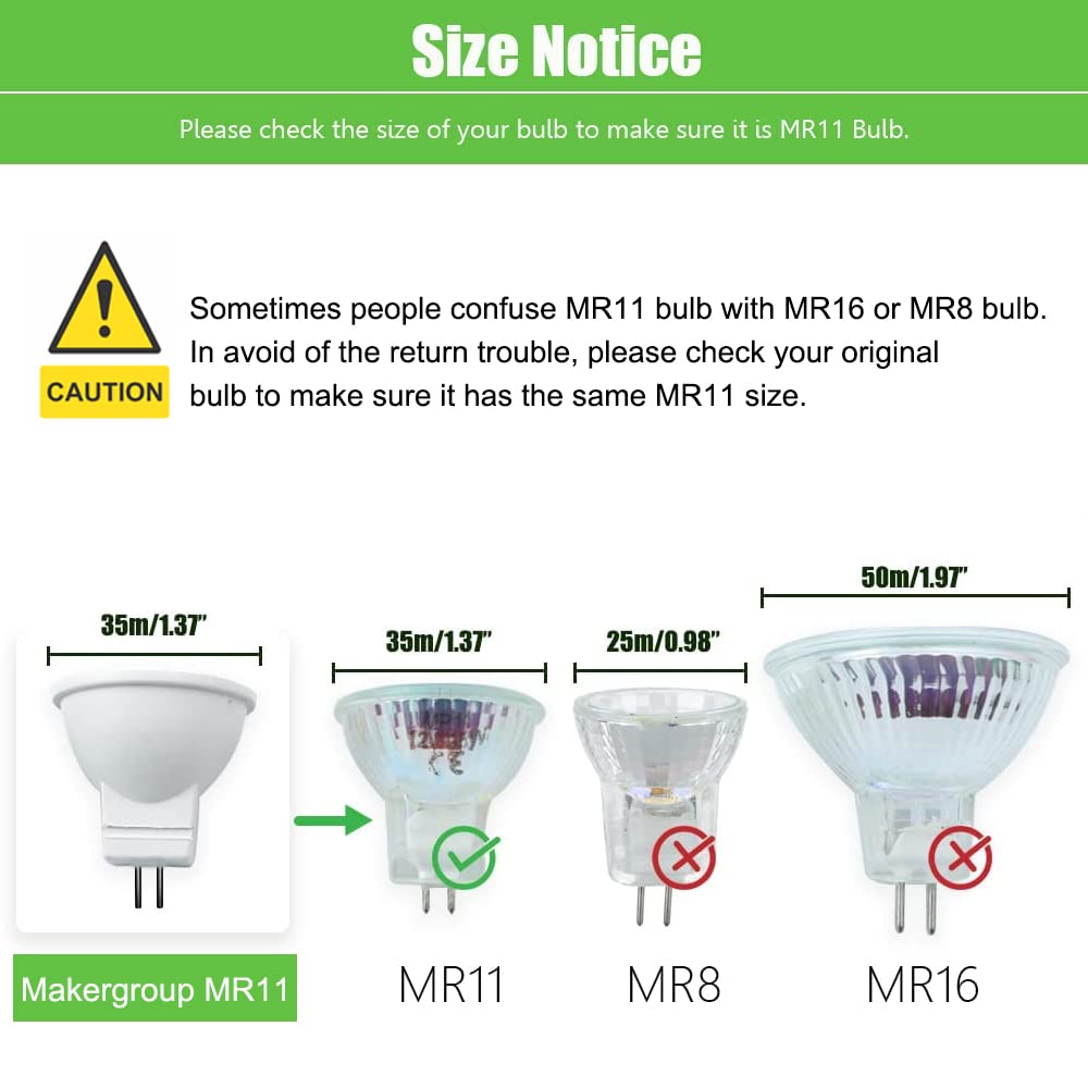 Makergroup MR11 3W Bi-pin LED Bulb, Warm White, 6pcs, Low Voltage 12VAC/DC for Indoor/Outdoor Lighting