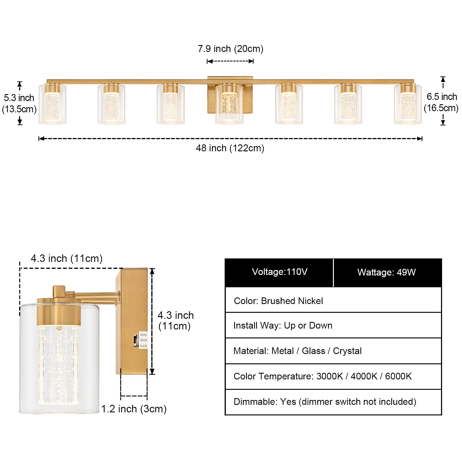 SineRise 7-Light Gold Vanity Light Fixture, Dimmable LED, Eye Protection, 3 Color Modes, Model 6936cca7, Stainless Steel