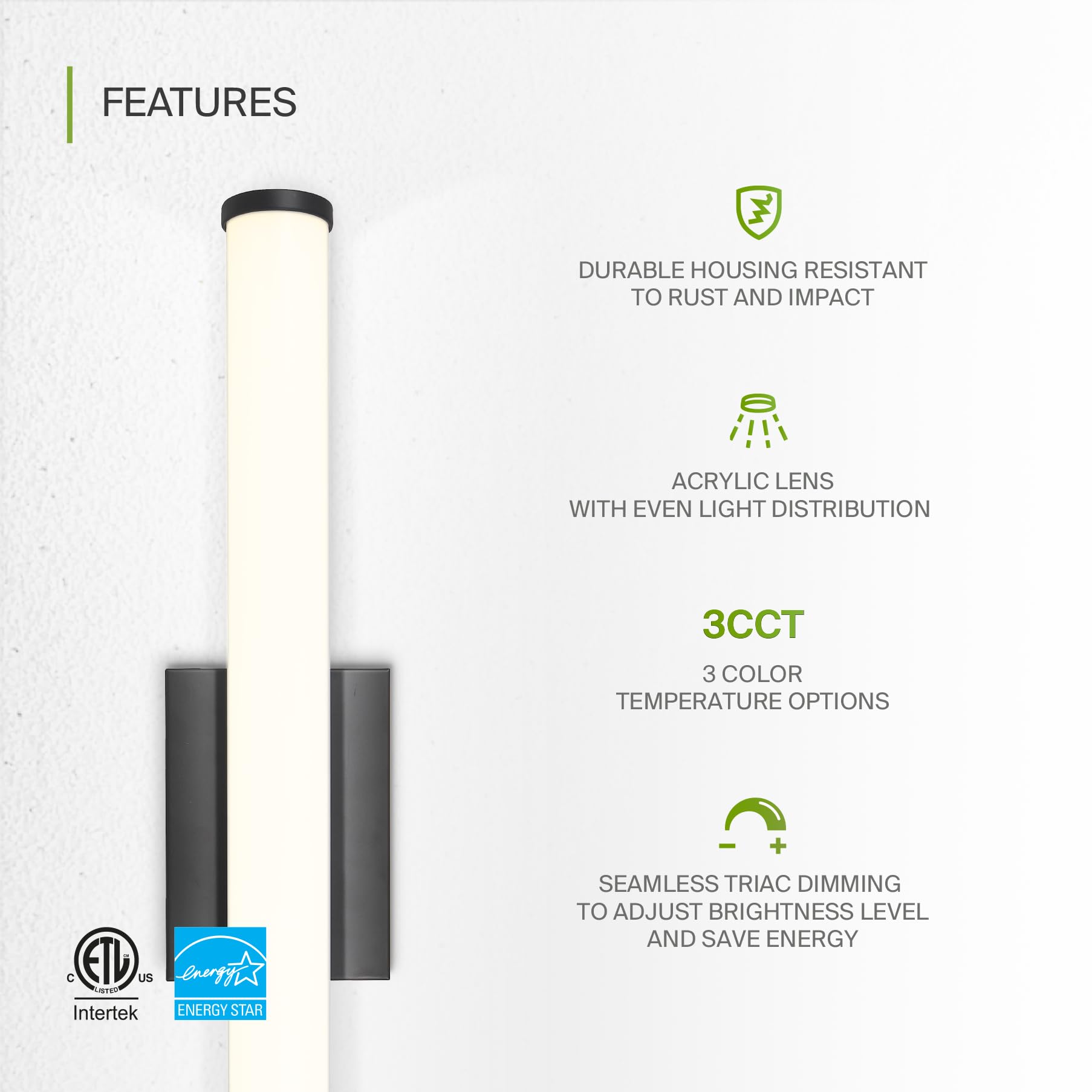 ASD LED 24 Inch Wall Mount Vanity Lighting Fixture | 25W 2600LM 3000K-5000K 120V | 3CCT, Dimmable, Energy Star, ETL Listed | Bat