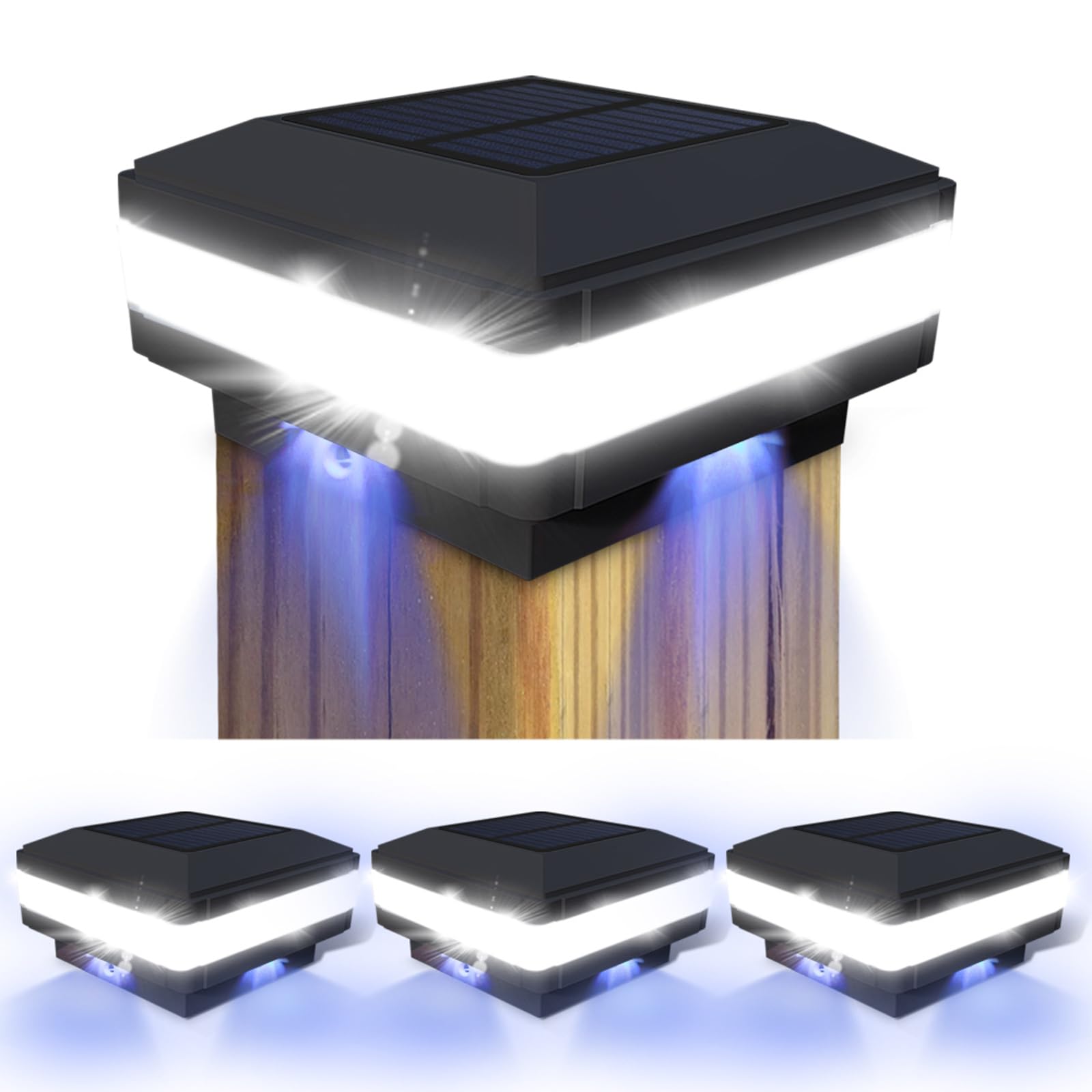 Sumaote Solar Post Cap Light, 52 LEDs, 160 Lumen, Fits 4x4 5x5 6x6 Posts, Black, 4 Pack, Polycarbonate,