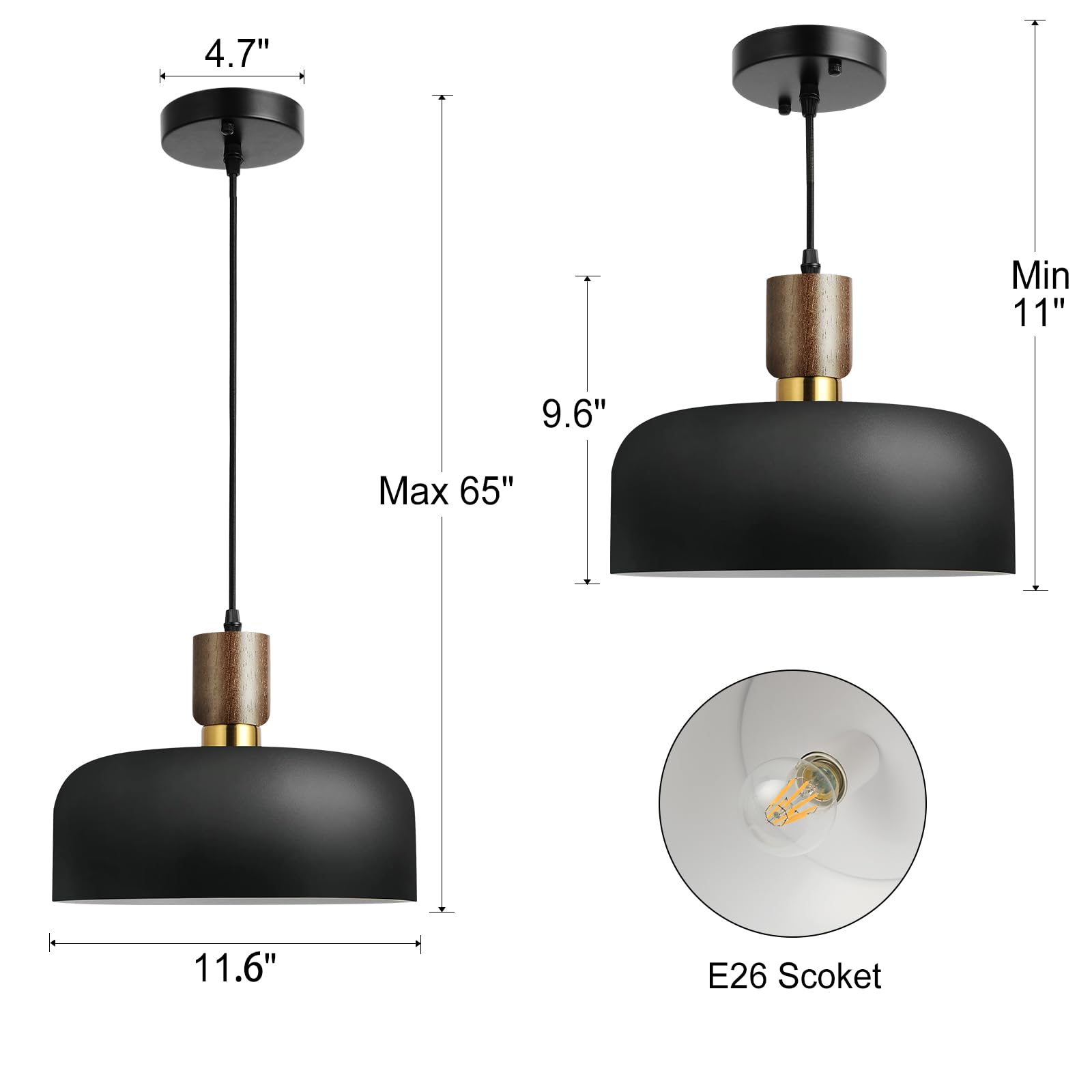 11.6'' Modern Black Hanging Light,Large Pendant Light For Kitchen Island,Solid Wood With Hammered Shade,Adjustable Retro Dome In