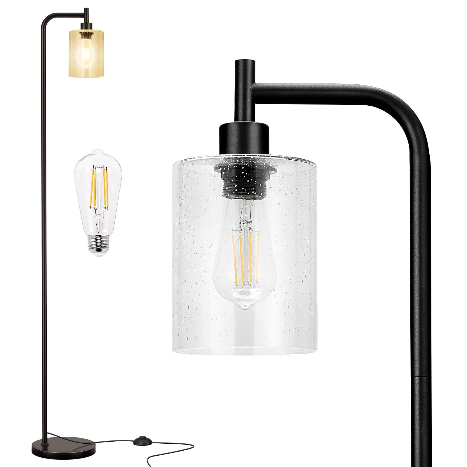 Ziisee Floor Lamps for Living Room - Standing Lamp with Seeded Glass Shade, Modern Floor Lamp with LED Bulbs, Industrial Floor Lamp for Bedroom, Black Tall Lamp for Office(Light Bulb Included)