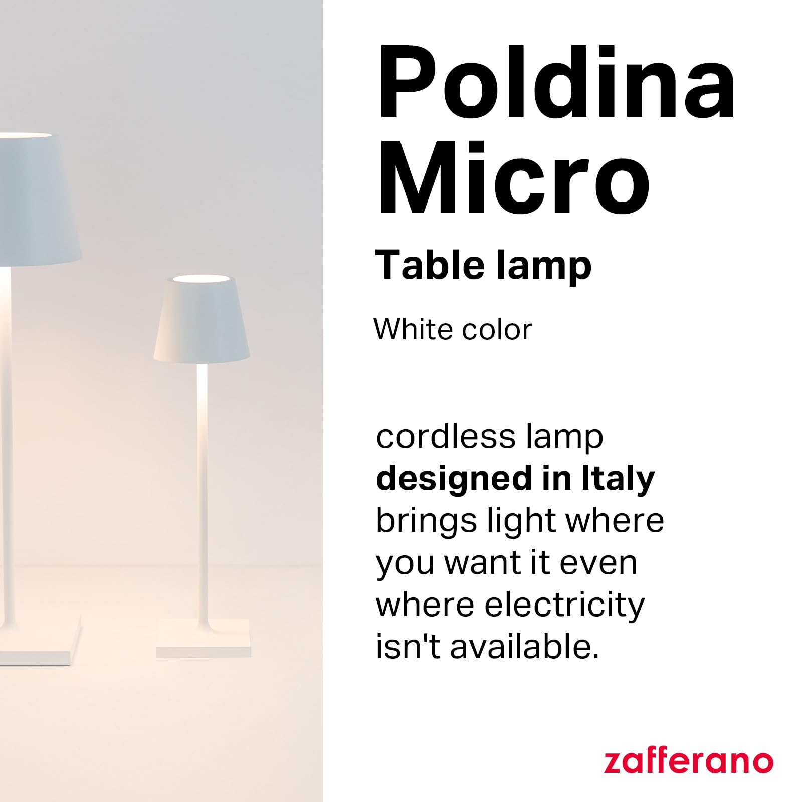 Zafferano Poldina Micro Lamp Rechargeable Cordless Table Lamp Touch Control 10.8 Inches White Model LD0490B3