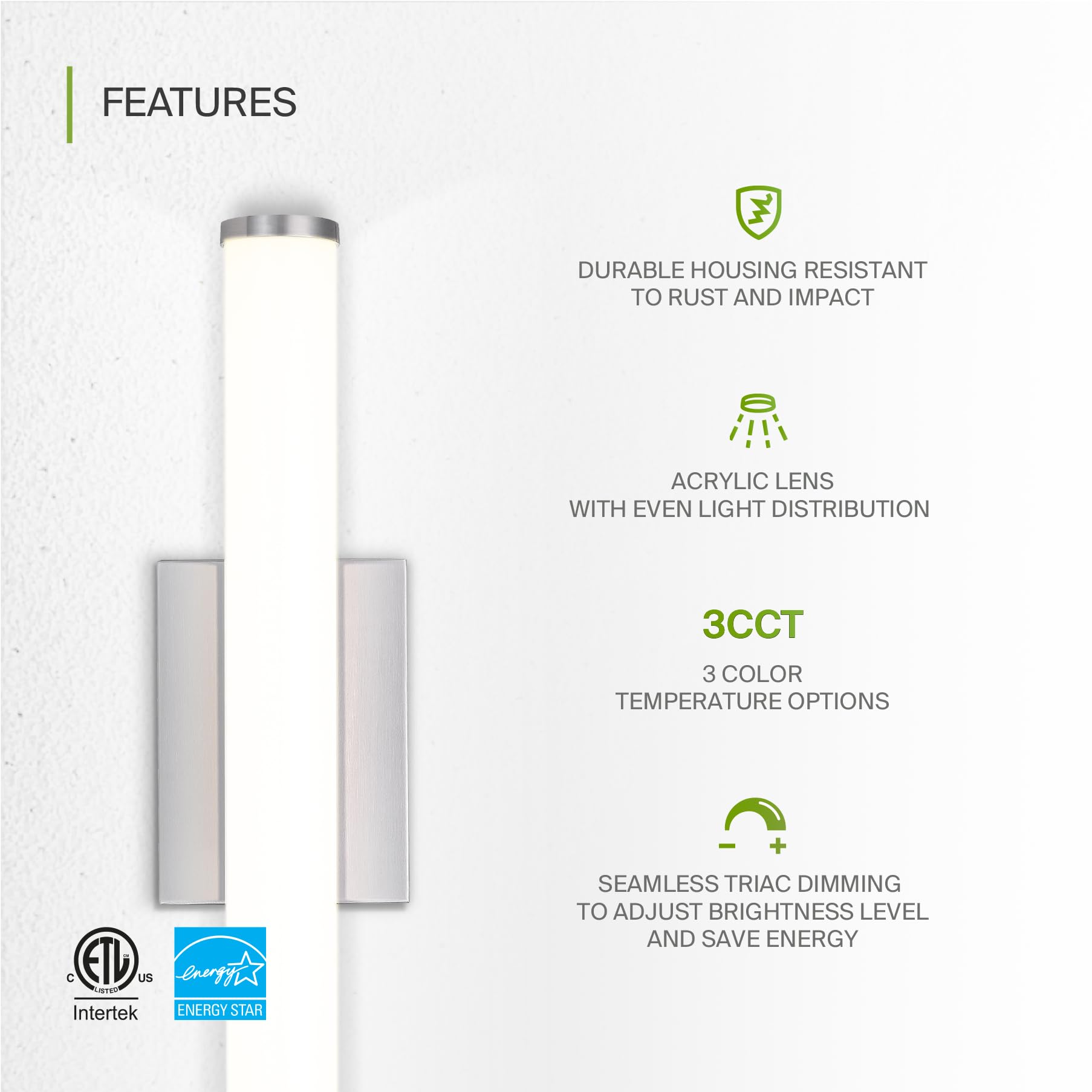 Asd Led 18 Inch Wall Mount Vanity Lighting Fixture | 20W 1500Lm 3000K-5000K 120V | 3Cct, Dimmable, Energy Star, Etl Listed | Bat