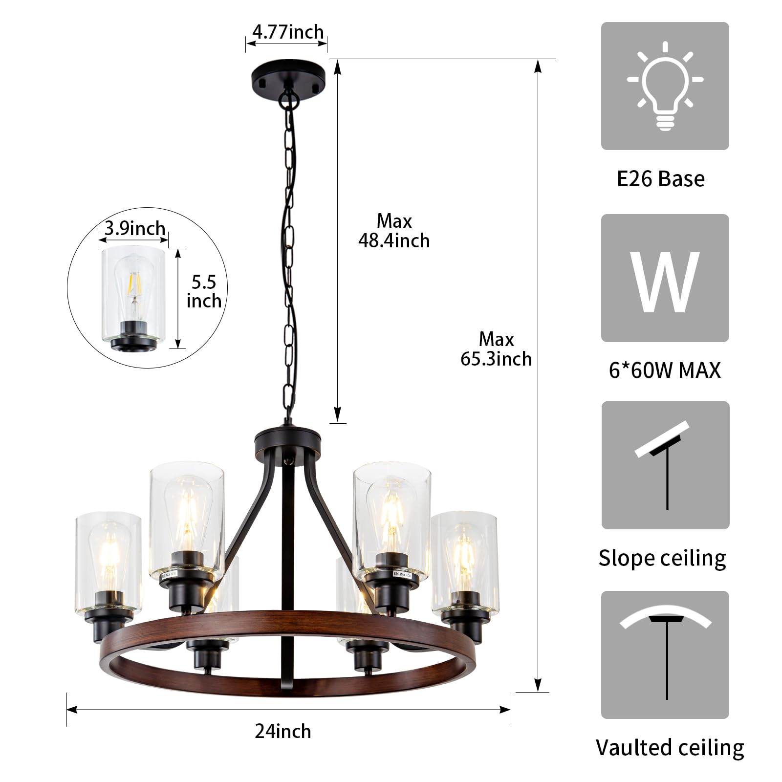 Lanhall 6-Light Chandelier, Rustic Wooden Pendant Light Fixture, Adjustable Height, Metal, Model 23927
