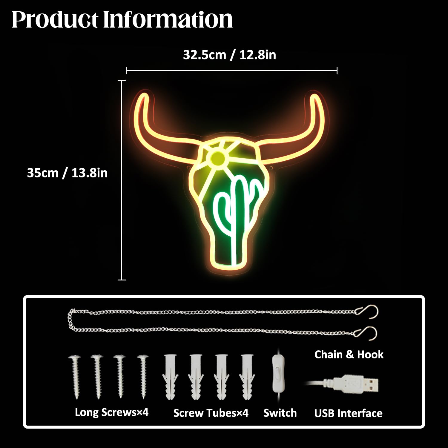 Bull Cactus Sun Neon Sign Texas Longhorn Bull Neon Lights for Bedroom Western Landscape LED Sign Cow Head Neon Lights Signs Oran