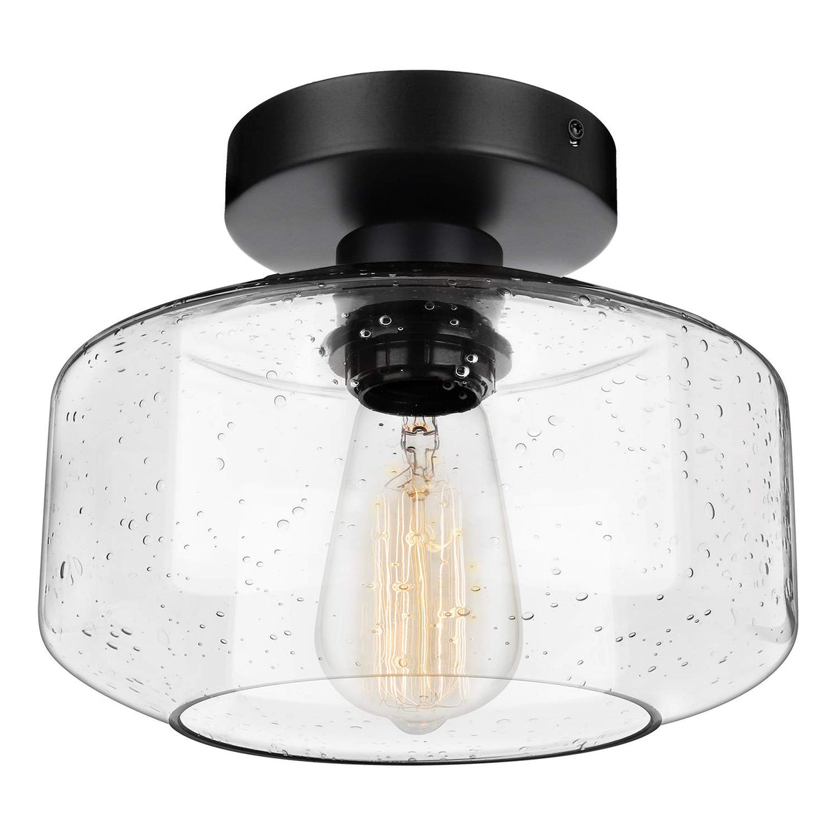 SunRider Industrial Semi-Flush Mount Ceiling Light Fixture, Modern Seeded Glass Pendant Lamp, Black Farmhouse Hanging Lighting f