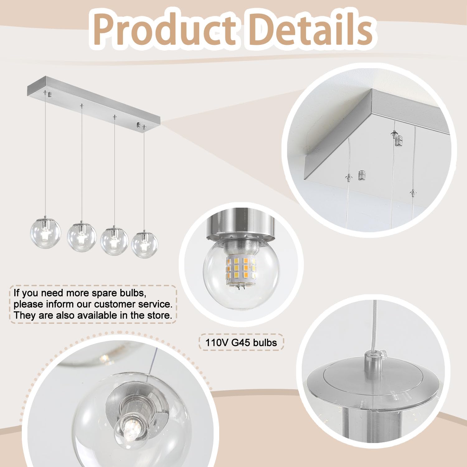 Ykolupty Modern Kitchen Island Lighting Linear Chandeliers For Dining Room 4-Light Glass Globe Hanging Pendant Light For Living