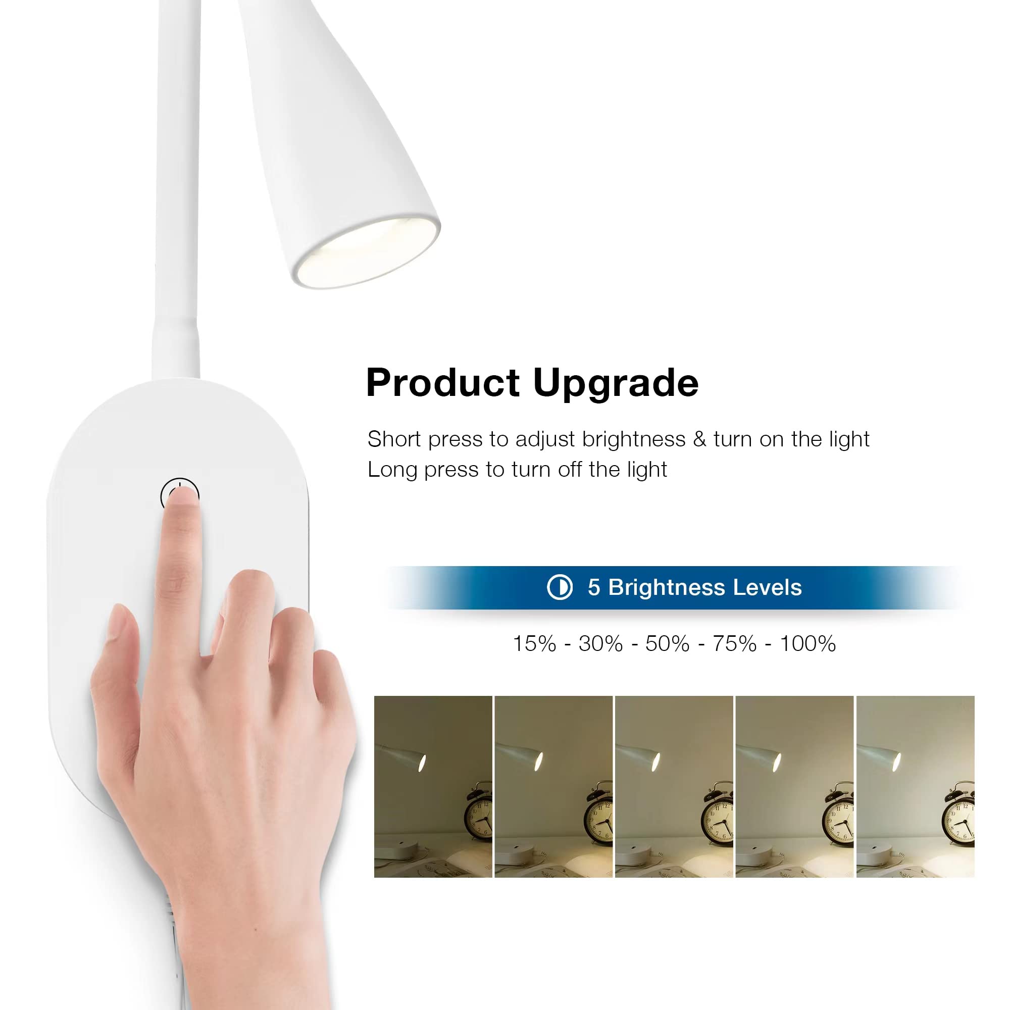 Wall Reading Light For Books In Bed, Usb Output Headboard Wall Lamp,5 Dimmable Touch Control Reading Lamp,3000K Led Warm Light,