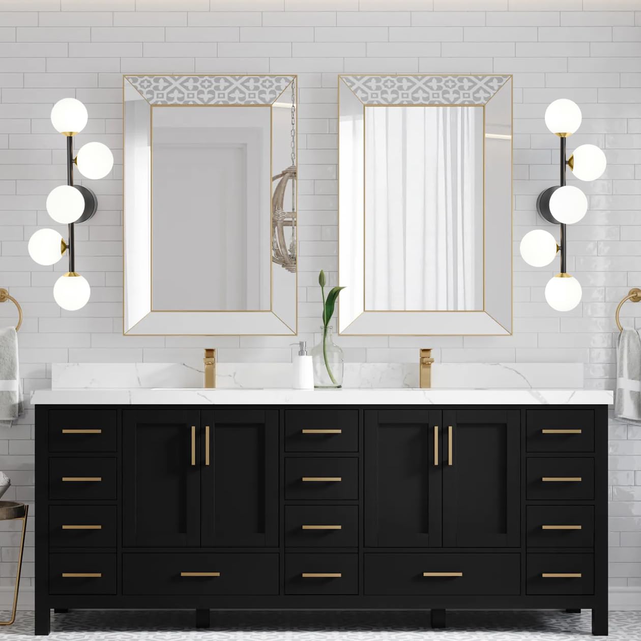 artmoonlight 5-Light Bathroom Vanity Light Fixtures, Dimmable LED, Black and Gold, Metal & Frosted Glass, Model 012HS3000WARM