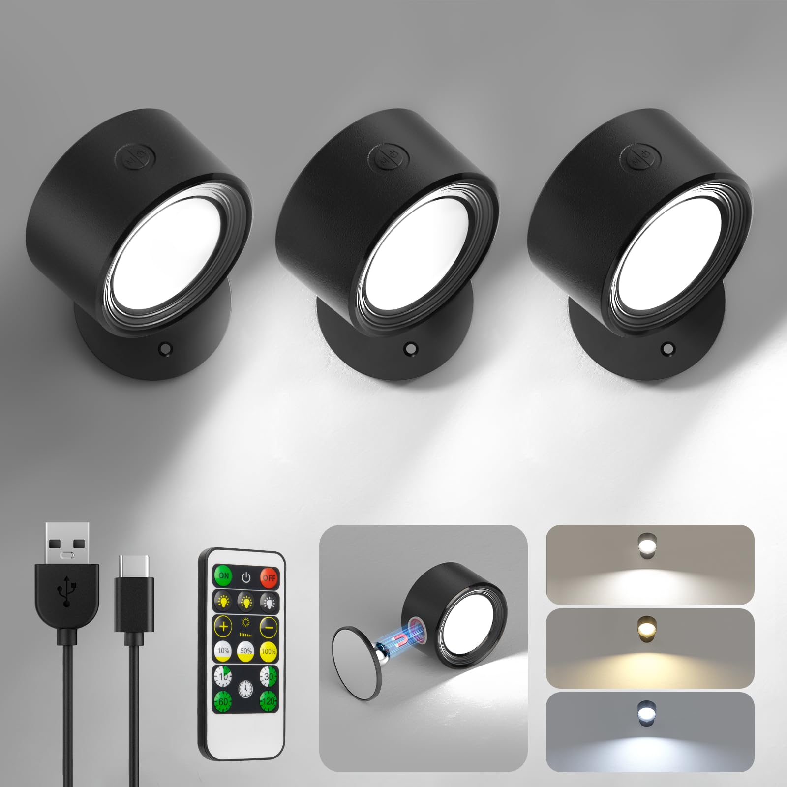 Lightbiz LED Wall Mounted Lights, 3 Pcs, Rechargeable 3000mAh, Dimmable, 3 Color Temperatures, Black, Model X100