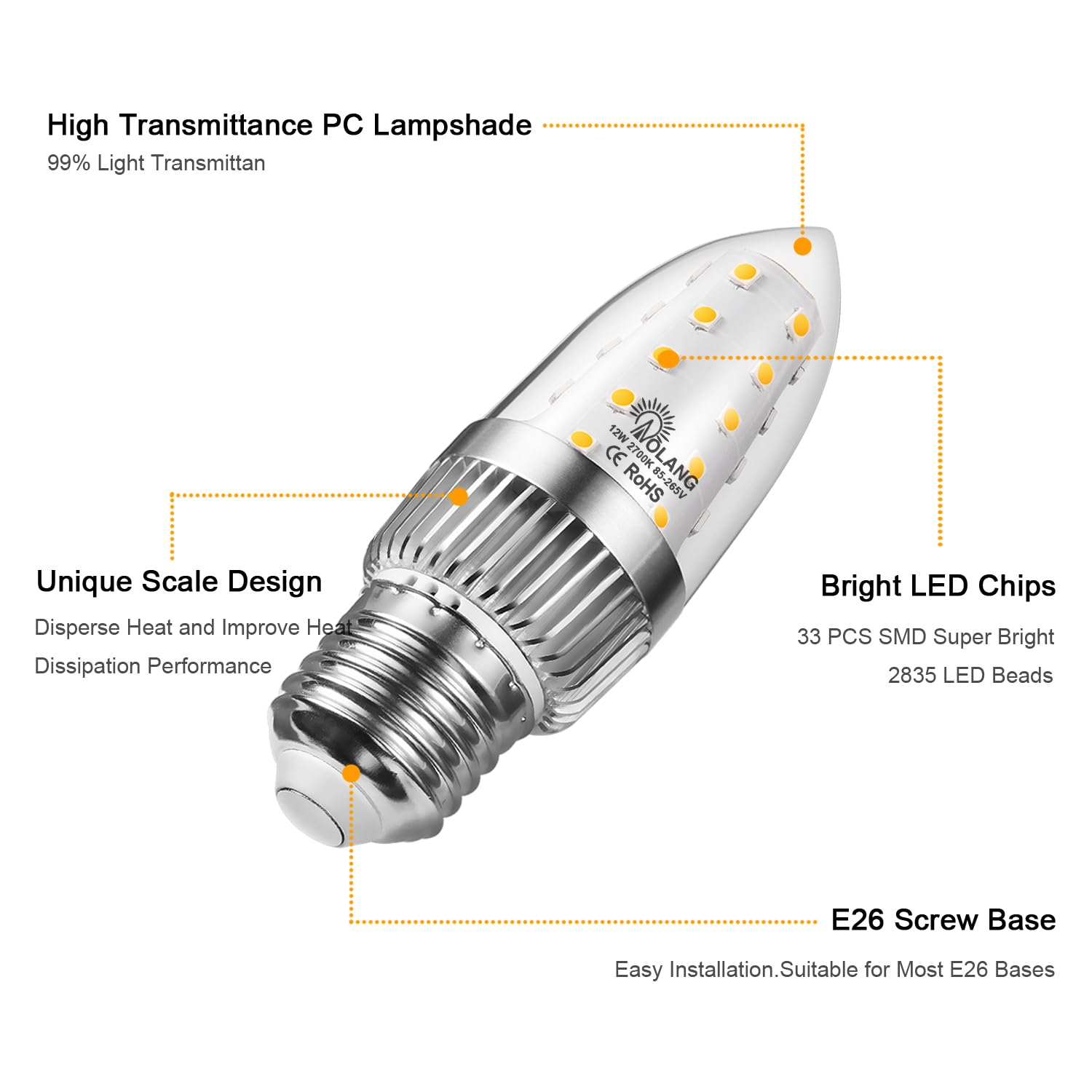 Aolang E26 Led Candelabra Bulb, 12W Led Candle Bulbs,100-Watt Light Bulbs Equivalent, Warm White 2700K Chandelier Bulbs, E26 Sta