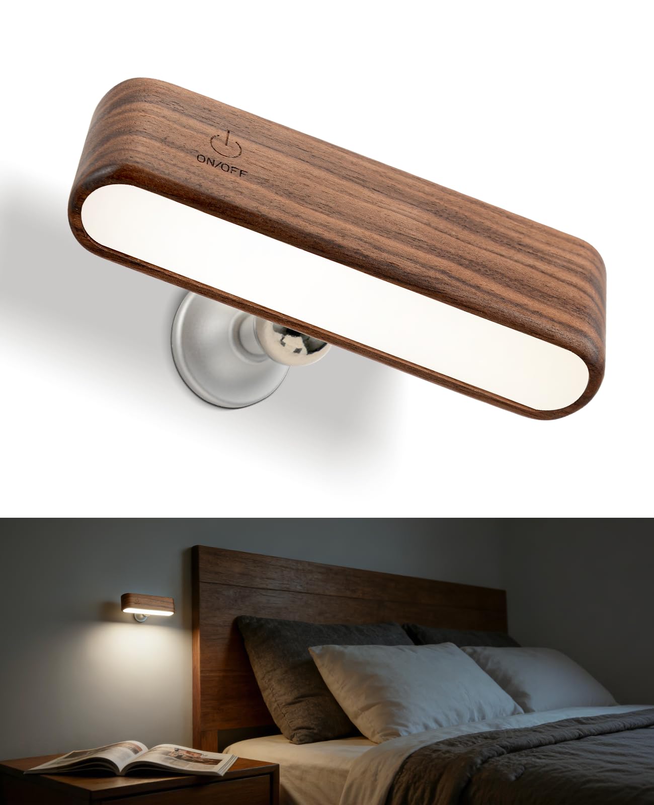 Wood LED Wall Sconce Magnetic 360Rotate Wall Mounted Lamp Brightness Adjustable Night Lights Rechargeable Battery Powered Readin