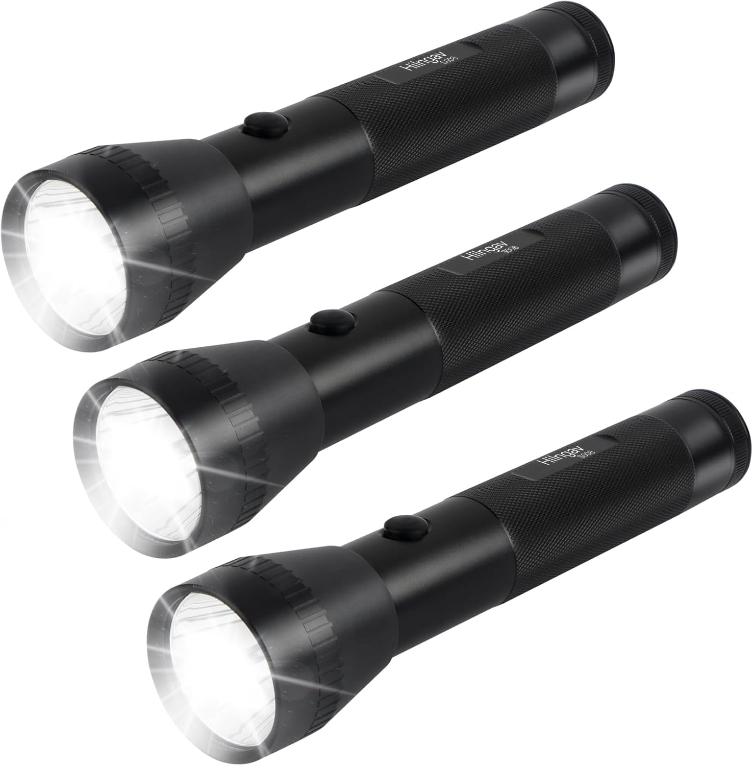 Hilngav Heavy Duty LED Flashlights, 2-Cell, High Lumens, Aluminum, Black, Model s008-a, 3 Pack