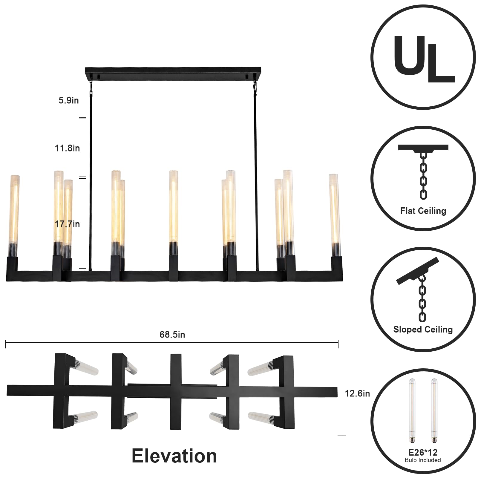 Yuexpand 68-Inch 12-Light Black Modern Chandelier With Knurled Glass Tube Shades, Rectangular Luxury Ceiling Pendant Light Fixtu